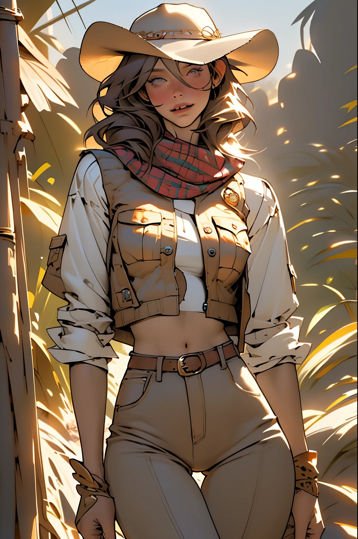 (highest quality, Super detailed, realistic:1.37), outdoor, slim girl, beautiful face, detailed and beautiful eyes, beautiful detailed lips, cowboy hat, vest with fringes, slim waist, slender thighs, thigh gap, show belly, pants, scarf, With confidence, medium chest, dusty farm landscape, golden hour lighting