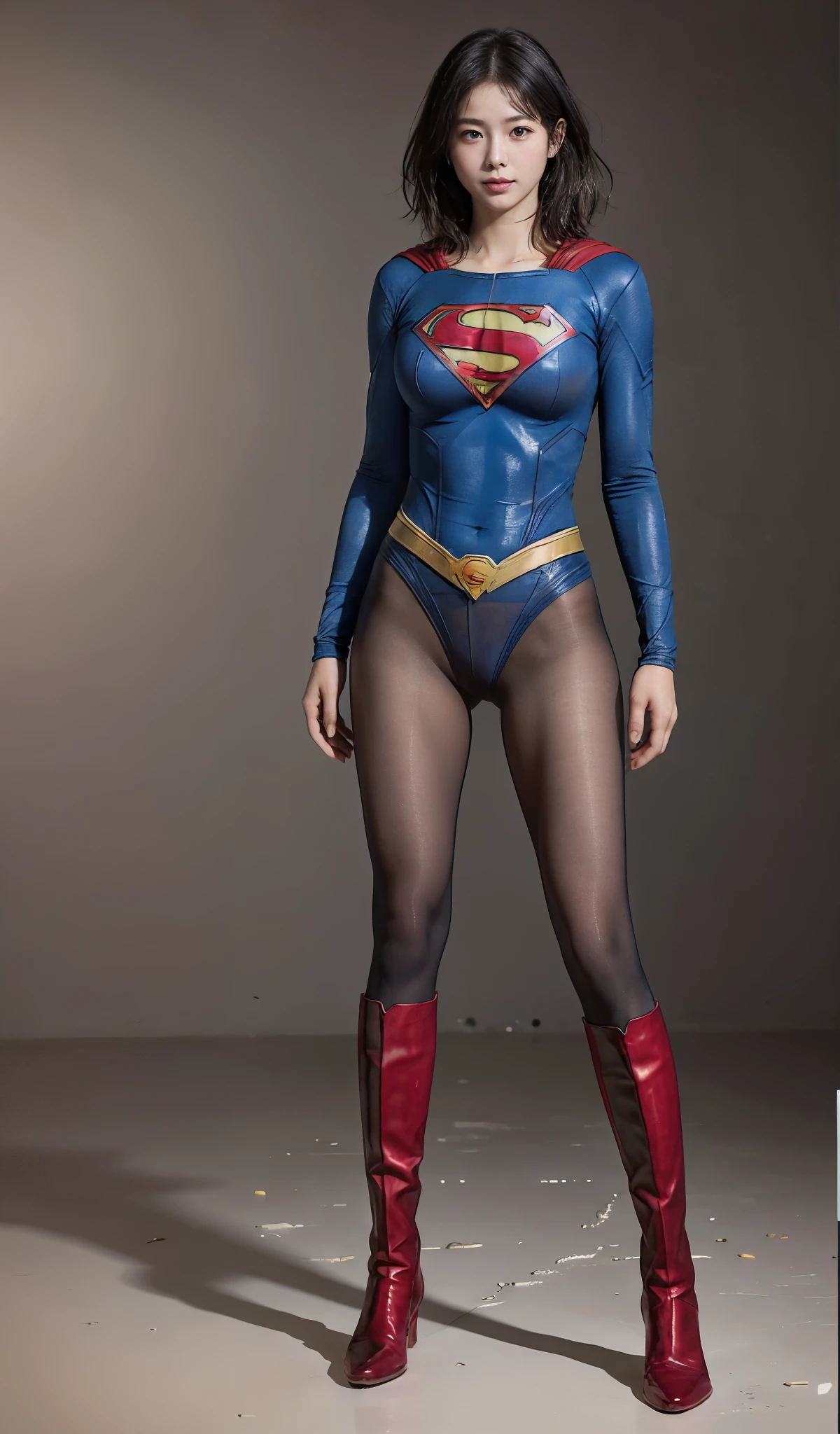 No background、(((Beautiful legs in black tights.)))、(((Legally express the beauty of your smile)))、((((Make the most of your original images)))、(((Supergirl Costume)))、(((Beautiful short bob hair)))、(((suffering)))、(((Please wear black tights....、Wear red boots)))、((Best image quality、8k))、((highest quality、8k、masterpiece:1.3))、(((Preserve background )))、Sharp focus:1.2、Beautiful woman with perfect figure:1.4、Slim Abs:1.2、Wet body:1.5、Highly detailed face and skin texture、8k