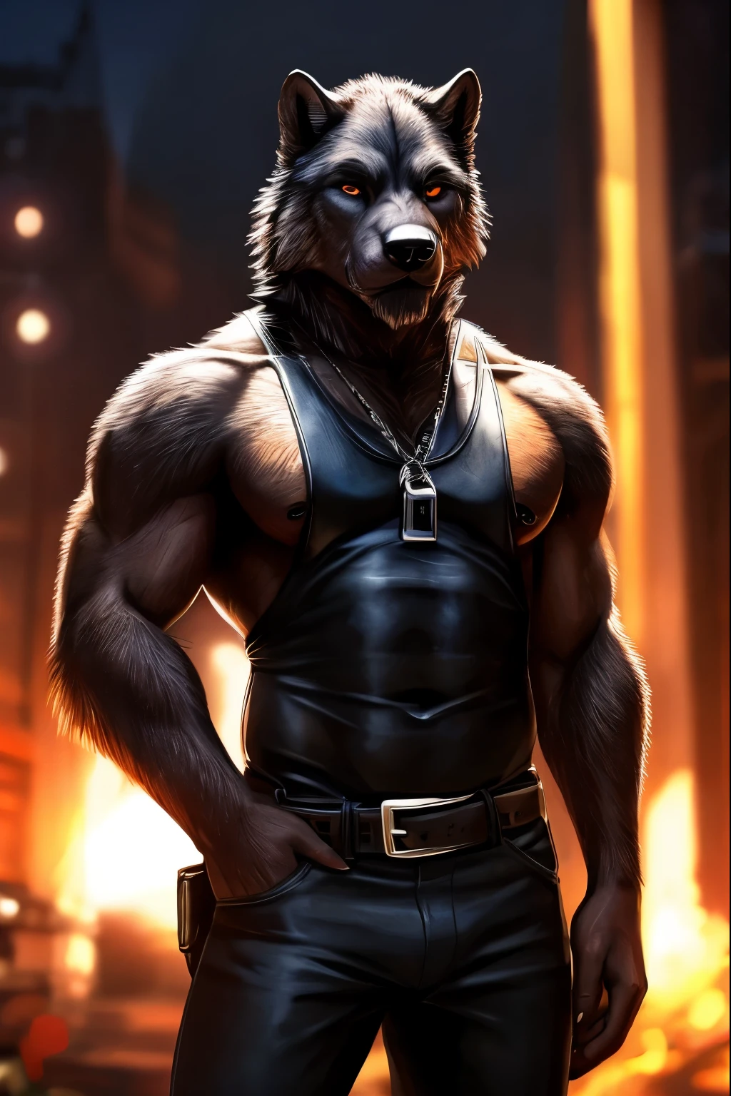 Masterpieces, furry, male, kinky, Anthropomorphic, full body, old age, rugged, twink, black wolf, feminine body type, Delicate eyes, white goatee, grizzled fur, glistening body, biker, thug, ebony skin, depth of field, warm lighting, bright lighting, (best quality),(masterpiece),(ultra detailed), sharp focus, wasteland background, fierce look, evil grins, scars, glossy, oiled up skin, black trousers, tight tanktop