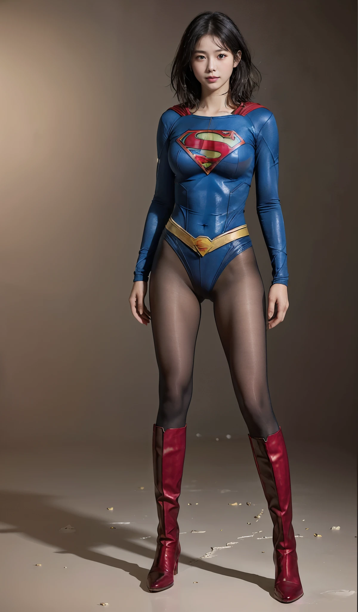 No background、(((Beautiful legs in black tights.)))、(((Legally express the beauty of your smile)))、((((Make the most of your original images)))、(((Supergirl Costume)))、(((Beautiful short bob hair)))、(((suffering)))、(((Please wear black tights....、Wear red boots)))、((Best image quality、8k))、((highest quality、8k、masterpiece:1.3))、(((Preserve background )))、Sharp focus:1.2、Beautiful woman with perfect figure:1.4、Slim Abs:1.2、Wet body:1.5、Highly detailed face and skin texture、8k