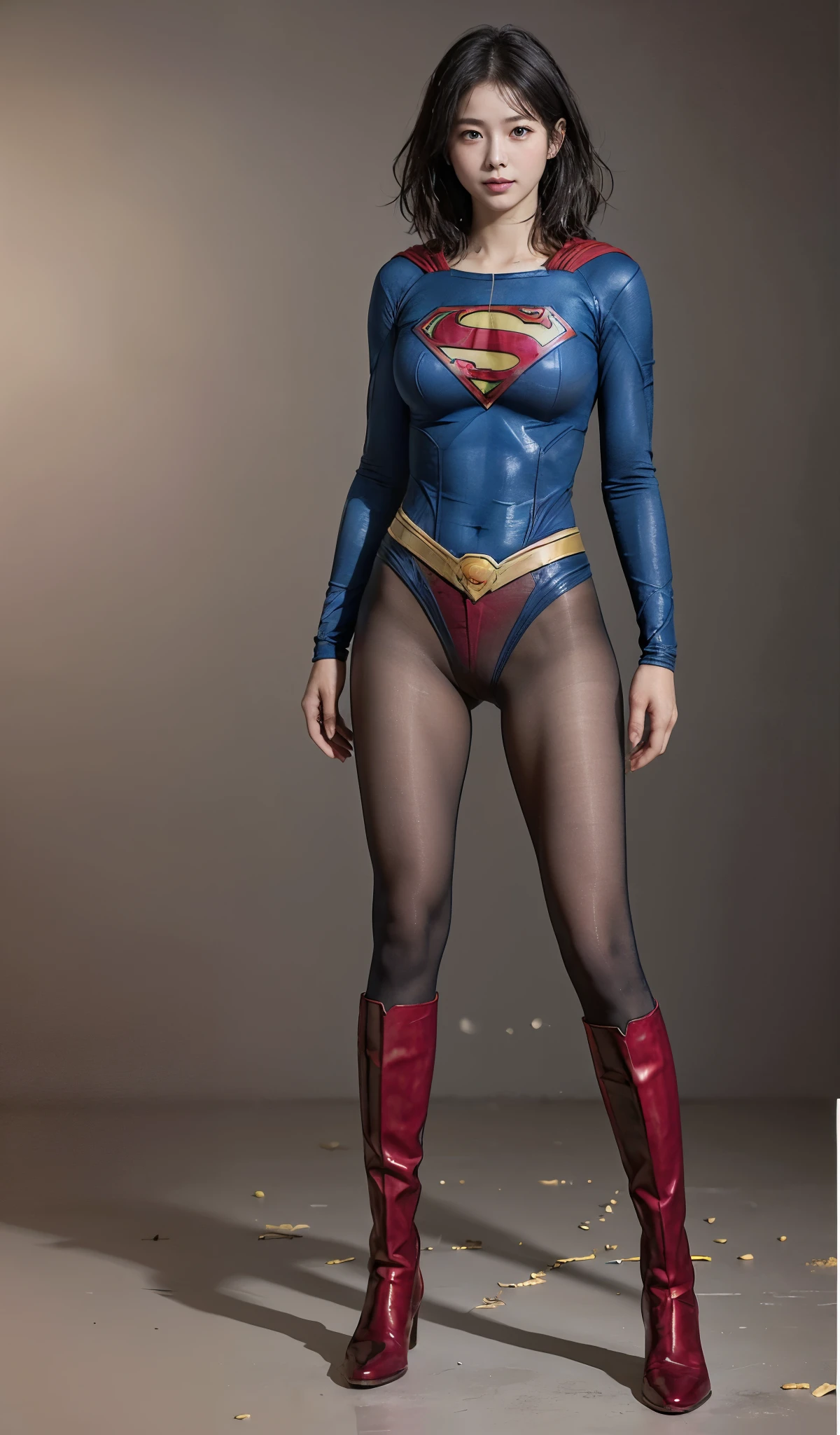 No background、(((Beautiful legs in black tights.)))、(((Legally express the beauty of your smile)))、((((Make the most of your original images)))、(((Supergirl Costume)))、(((Beautiful short bob hair)))、(((suffering)))、(((Please wear black tights....、Wear red boots)))、((Best image quality、8k))、((highest quality、8k、masterpiece:1.3))、(((Preserve background )))、Sharp focus:1.2、Beautiful woman with perfect figure:1.4、Slim Abs:1.2、Wet body:1.5、Highly detailed face and skin texture、8k