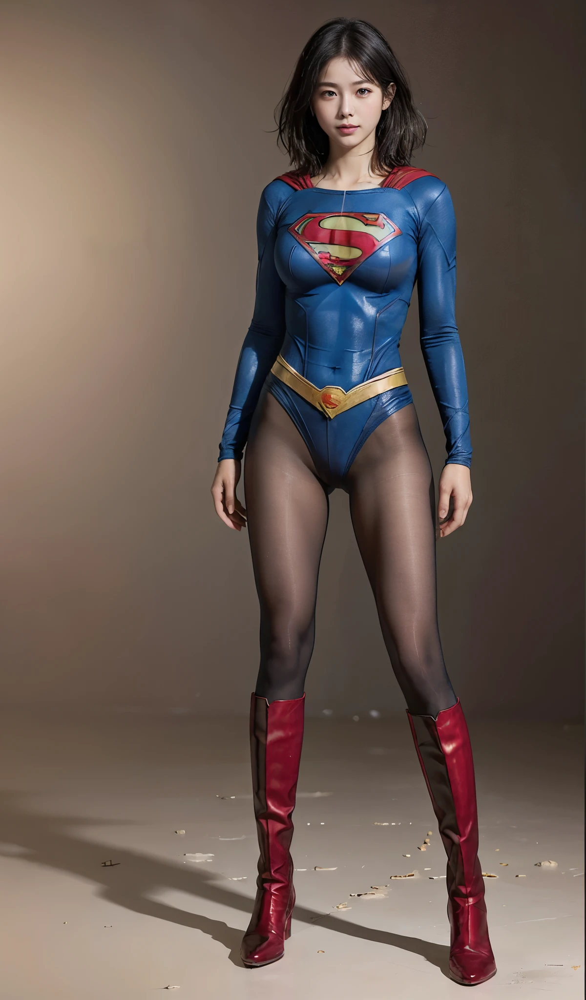 No background、(((Beautiful legs in black tights.)))、(((Legally express the beauty of your smile)))、((((Make the most of your original images)))、(((Supergirl Costume)))、(((Beautiful short bob hair)))、(((suffering)))、(((Please wear black tights....、Wear red boots)))、((Best image quality、8k))、((highest quality、8k、masterpiece:1.3))、(((Preserve background )))、Sharp focus:1.2、Beautiful woman with perfect figure:1.4、Slim Abs:1.2、Wet body:1.5、Highly detailed face and skin texture、8k