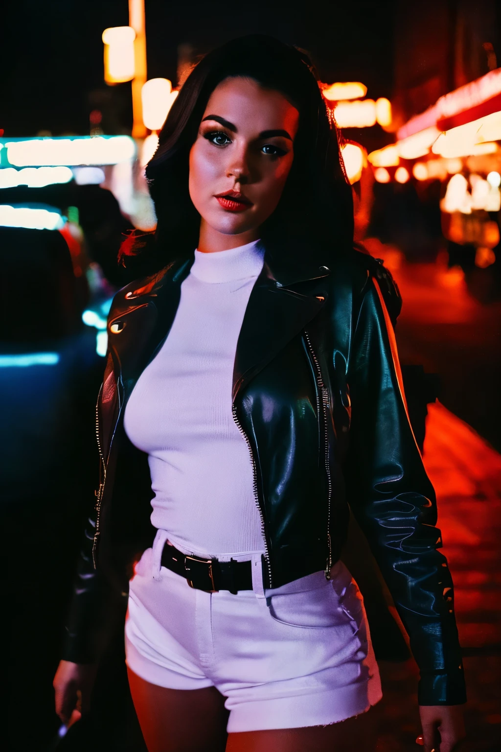 analog style, retro, 1950s, raw photo of beautiful curvy russian girl, pin up, leather jacket, shorts, looking at viewer, perfect face, dark hair, night, city light, cinematic lut, film grain