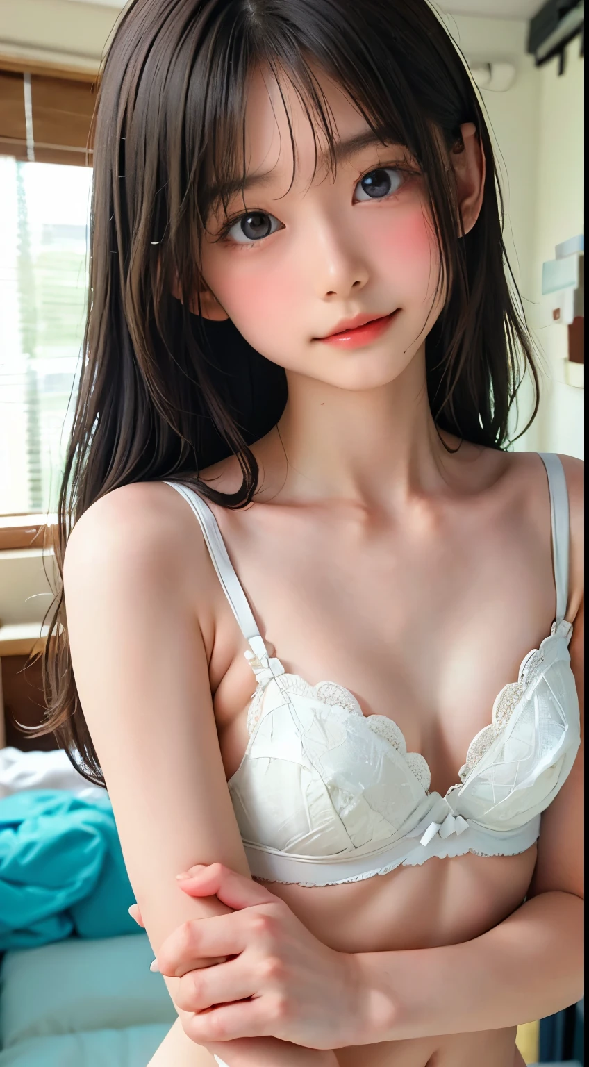 highest quality, RAW Photos, Realistic, face, Incredibly ridiculously beautiful girl, cute, Long Hair, Depth of written boundary, High resolution, 超detailed, detailed, Very detaileded, extremely detaileded eye and face, Sharp pupils, Realistic students, Sharp focus, Cinema Lighting, flat breasts, small breasts, small,( small bust: 1.2), small bust, (slim, small, flat, small), thin, Delicate and sexy collarbone, (White shirt:1.2), (Lifting ワイシャツ to show off a small white bra:1.5)))、