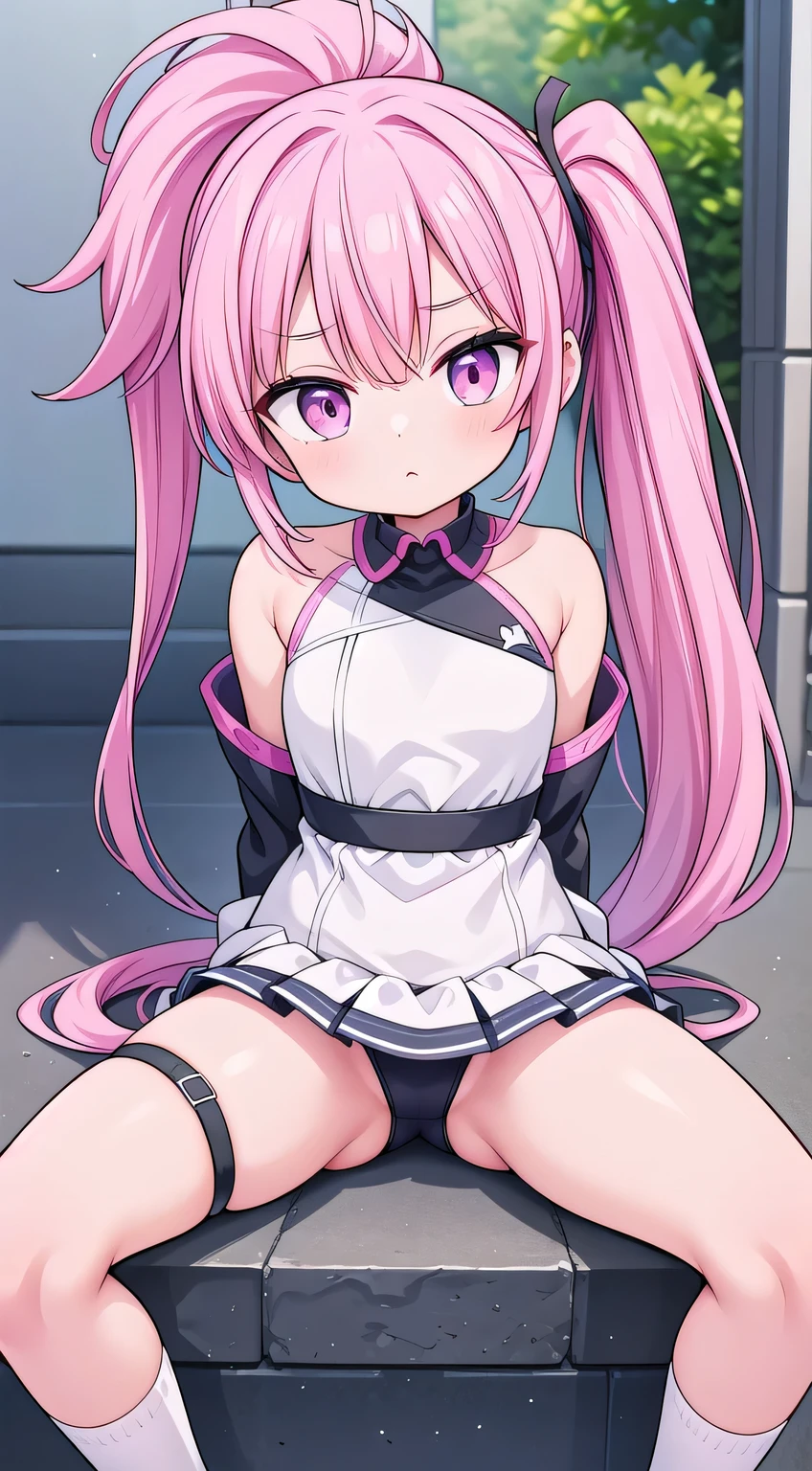4k hd, high qulity, 1girll,Pink hair ponytail, Sexy clothes, the street, Superskir, Sitting down, Spread your legs, skinny and thin, white short socks, not nsfw