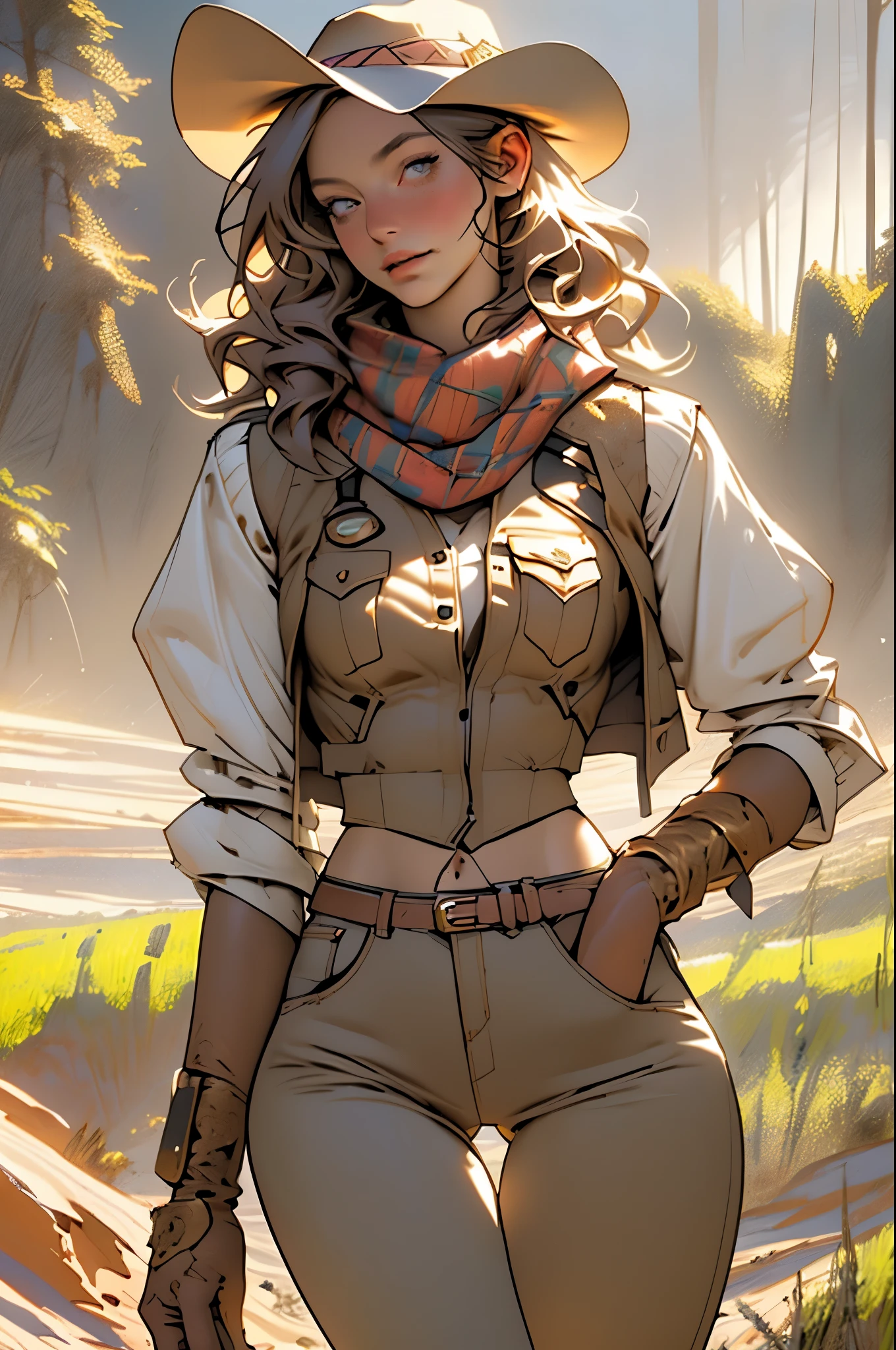 (highest quality, Super detailed, realistic:1.37), outdoor, slim girl, beautiful face, detailed and beautiful eyes, beautiful detailed lips, cowboy hat, vest, slim waist, slender thighs, thigh gap, show belly, pants, scarf, With confidence, medium ?????, dusty farm landscape, golden hour lighting