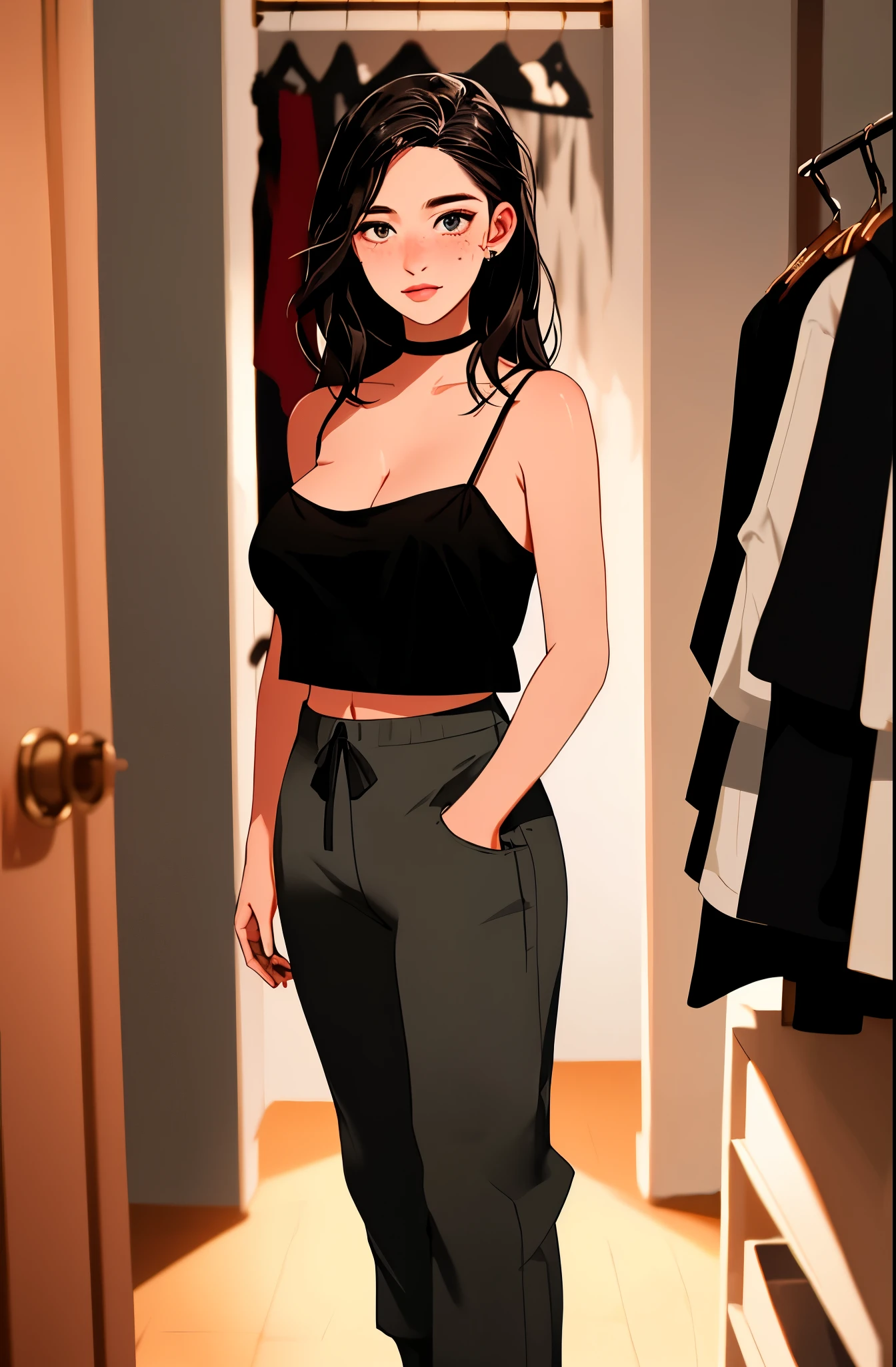 Step-by-step,  eye focus, highest quality, High detail RAW color photo, full body, of (gorgeous 30 year old woman), (clothed:1.2), (wearing camisole and lowleg pants:1.2), (Finnish), choker, standing, indoors, (inside world war 2 fitting room), large breasts, visible pussy, big ass, perfect face, alluring eyes, (detailed skin, supple skin pores), [goosebumps], [freckles], [beauty marks], shallow depth of field, natural lighting, diffused soft light, (side lighting:0.3), [film grain], photographed on a Canon EOS 5D, 105mm macro lens, F/8 aperture, fashion photography award-winner