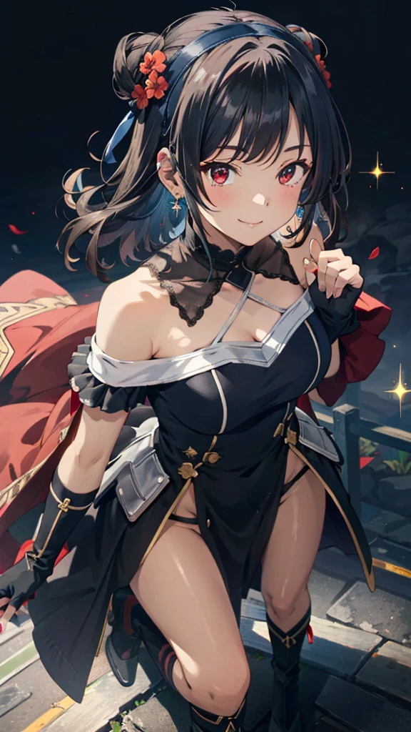 Anime style beutiful woman, 1girl,fullbody, happy, (with sparkling eyes and a contagious smile:1.2), red face, closed mouth, beautiful detailed eyes, super detailed skin, backlighting, bare shoulders, black background, black dress, black gloves, black hair, breasts, dress, earrings, fingerless gloves, floating hair, floral print, flower, gloves, gold earrings, gold hairband, hair flower, hair ornament, hairband, holding, holding weapon, jewelry, large breasts, long hair, looking at viewer, off-shoulder dress, off shoulder,red eyes, short hair with long locks, sidelocks, solo, spikes, thighs, two-sided dress, two-sided fabric, weapon, fighting stance , face, close up, from above, highest quality, high resolution,Real World, Natural light,perfect Natural light,looking at viewer,