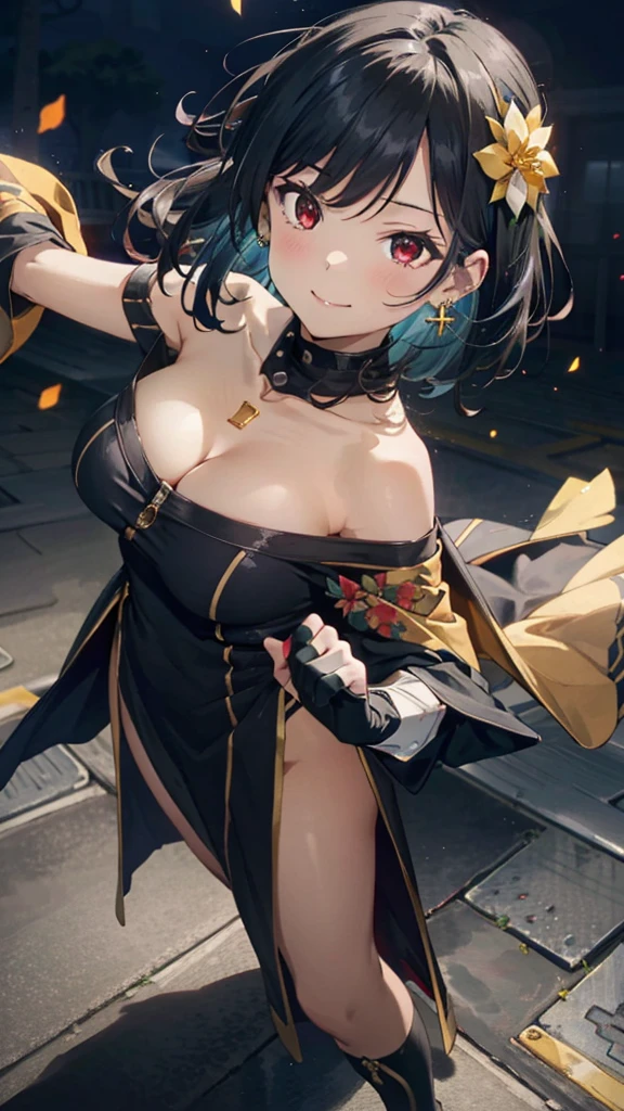 (dynamic angle:1.3, front view:1.1, breast focus:1.3, from below:1.2), (dynamic posing:1.5, sexy posing:1.2, leaning forward), (seductive smiling:1.3),(*K) HD, highest quality, Anime style beutiful woman, 1girl,fullbody, happy, (with sparkling eyes and a contagious smile:1.2), red face, closed mouth, beautiful detailed eyes, super detailed skin, backlighting, bare shoulders, black background, black dress, black gloves, black hair, breasts, dress, earrings, fingerless gloves, floating hair, floral print, flower, gloves, gold earrings, gold hairband, hair flower, hair ornament, hairband, holding, holding two-hands weapon, jewelry, large breasts, long hair, looking at viewer, off-shoulder dress, off shoulder,red eyes, short hair with long locks, sidelocks, solo, spikes, thighs, two-sided dress, two-sided fabric, weapon, fighting stance , face, close up, from above, highest quality, high resolution,Real World, Natural light,perfect Natural light,looking at viewer,
