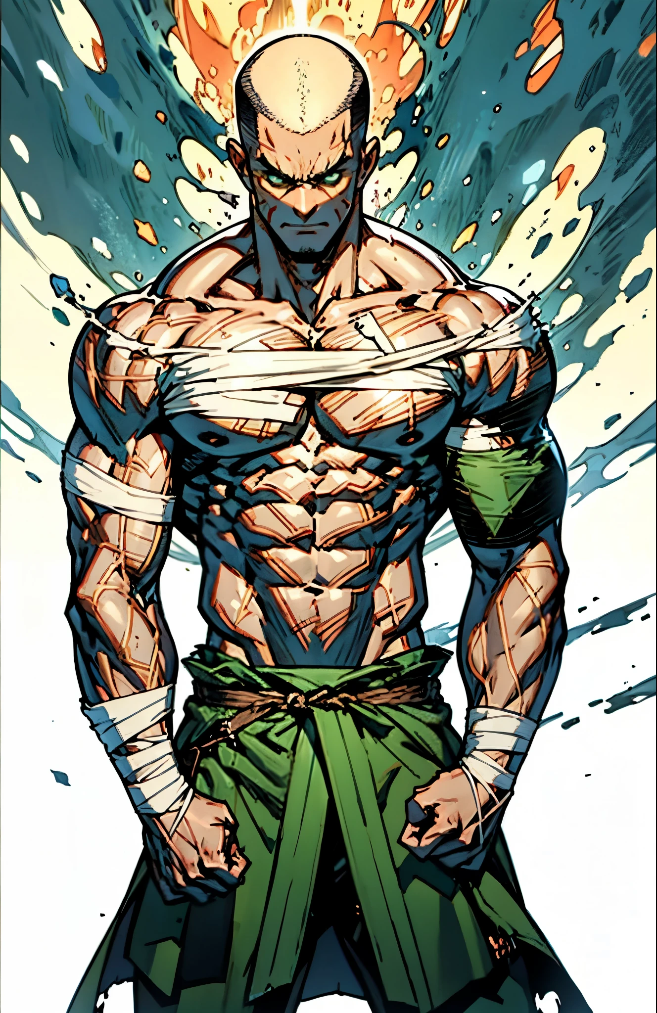 A man with a brown crew cut, upturned thick eyebrows, green eyes, a determined expression, long face, well-defined features, tall and muscular physique, a fantasy-style monk's robe, a torn collar revealing his sturdy chest muscles, bandages wrapped around his abdomen, kung fu pants, stands before a mystical mountain temple, this character embodies a finely crafted fantasy-style martial monk in anime style, exquisite and mature manga art style, high definition, best quality, highres, ultra-detailed, ultra-fine painting, extremely delicate, professional, perfect body proportions, golden ratio, anatomically correct, symmetrical face, extremely detailed eyes and face, high quality eyes, creativity, RAW photo, UHD, 32k, Natural light, cinematic lighting, masterpiece-anatomy-perfect, masterpiece:1.5