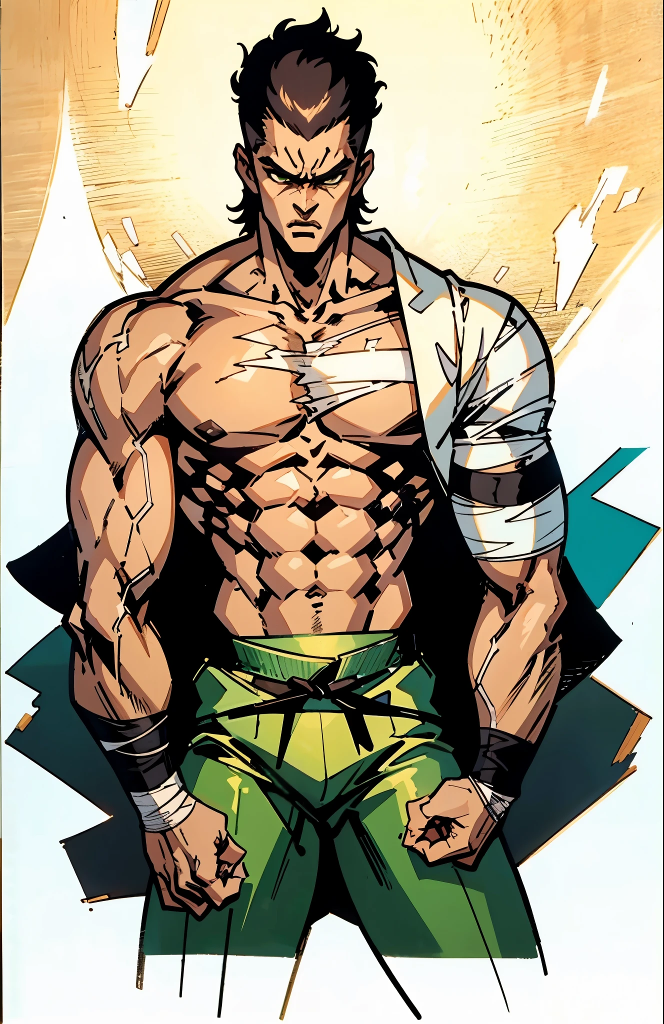 A man with a brown crew cut, upturned thick eyebrows, green eyes, a determined expression, long face, well-defined features, tall and muscular physique, a fantasy-style monk's robe, a torn collar revealing his sturdy chest muscles, bandages wrapped around his abdomen, kung fu pants, stands before a mystical mountain temple, this character embodies a finely crafted fantasy-style martial monk in anime style, exquisite and mature manga art style, high definition, best quality, highres, ultra-detailed, ultra-fine painting, extremely delicate, professional, perfect body proportions, golden ratio, anatomically correct, symmetrical face, extremely detailed eyes and face, high quality eyes, creativity, RAW photo, UHD, 32k, Natural light, cinematic lighting, masterpiece-anatomy-perfect, masterpiece:1.5