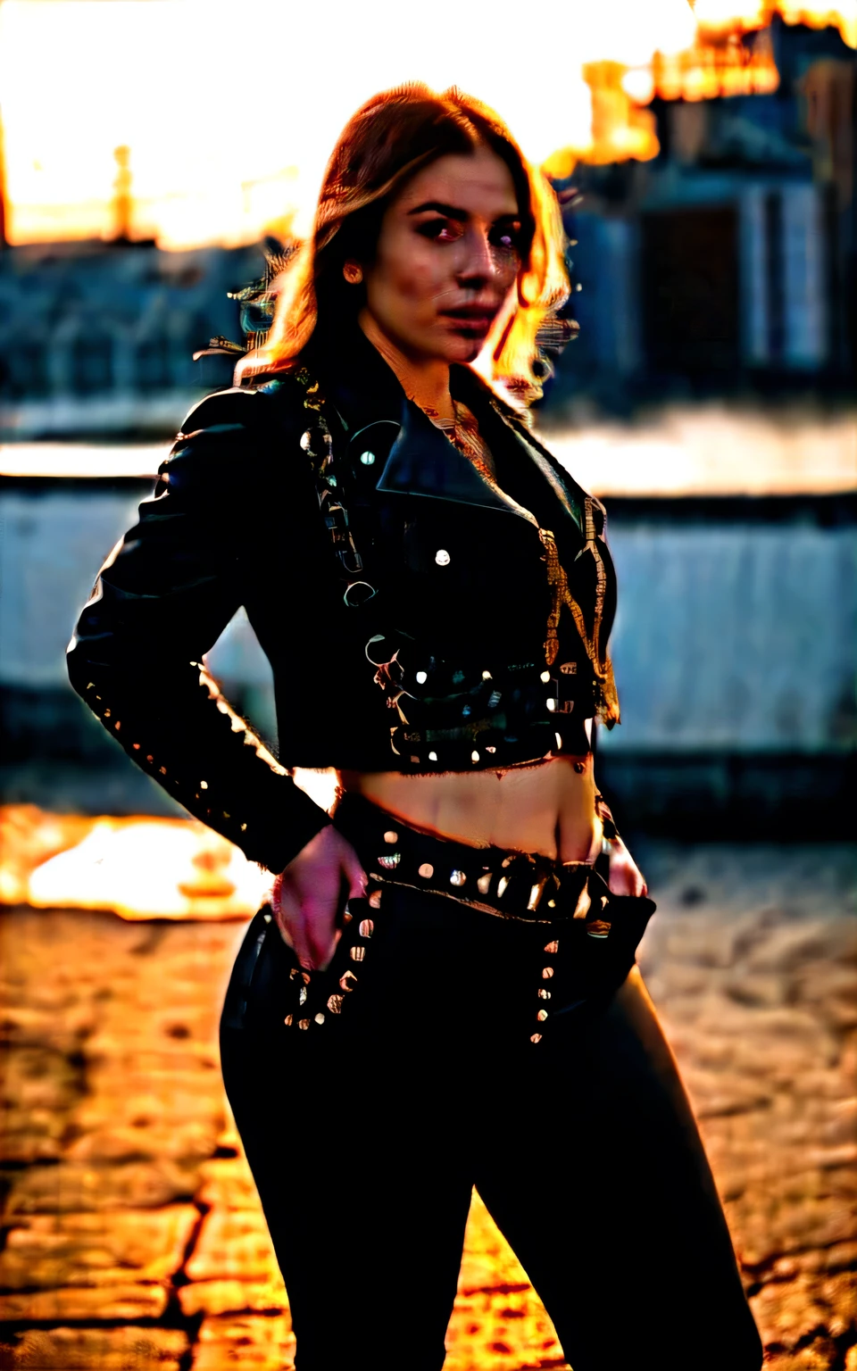 medium shot photo of steampunk curvy russian woman wearing low rise pants crop top and jacket, thigh gap, intricate steampunk city, evening, dark, atmospheric, mist, best quality masterpiece, detailed, 8k, HDR, broad light, high contrast, backlighting, bloom, light sparkles, chromatic aberration, sharp focus, RAW color photo