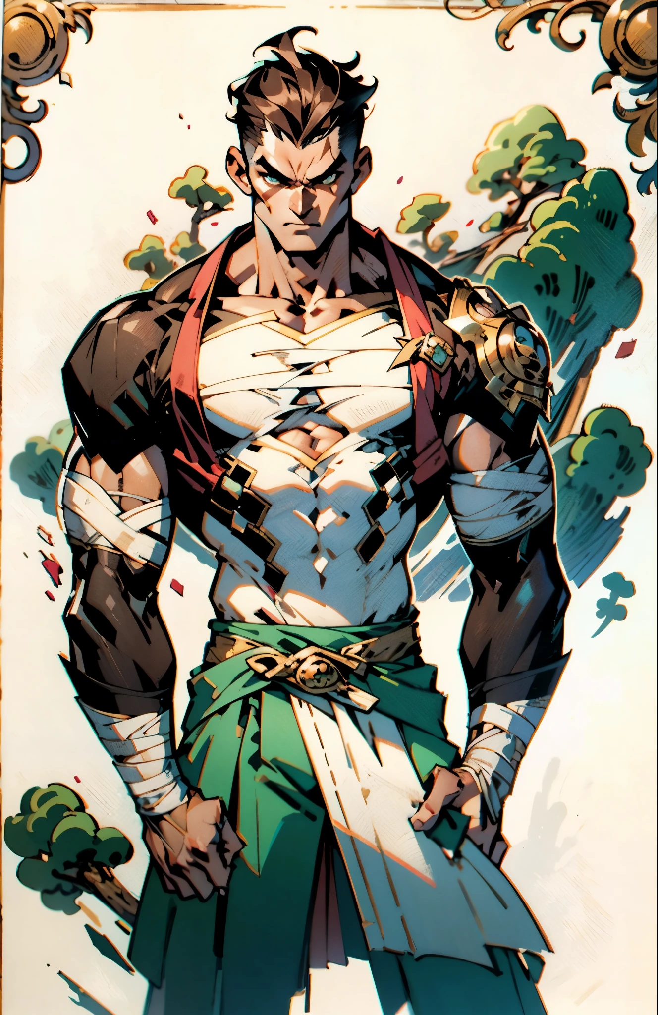 (masterpiece:1.2, best quality:1.2, extremely delicate:1.2), ((male:1.5)), a middle-aged man with short dark blue hair, a green headband tied around his forehead, sharp eyes, a heroic face, long sideburns, a long beard on his chin, a confident expression, a tall and muscular build, a fantasy-realist style short-sleeved coat, with a white and green form-fitting chest armor underneath, a flowing cape hangs from his right shoulder, heavy iron wrist guards, his belt is connected to small skirt armor plates, coarse cloth trousers, long boots that include shin guards, stands like a guardian in front of a city gate, this character embodies a finely crafted fantasy-realist style warrior in anime style, exquisite and mature manga art style, dramatic, high definition, highres, ultra-detailed, ultra-fine painting, professional, perfect body proportions, golden ratio, anatomically correct, symmetrical face, extremely detailed eyes and face, high quality eyes, creativity, RAW photo, UHD, 32k, Natural light, cinematic lighting, (masterpiece-anatomy-perfect:1.2)