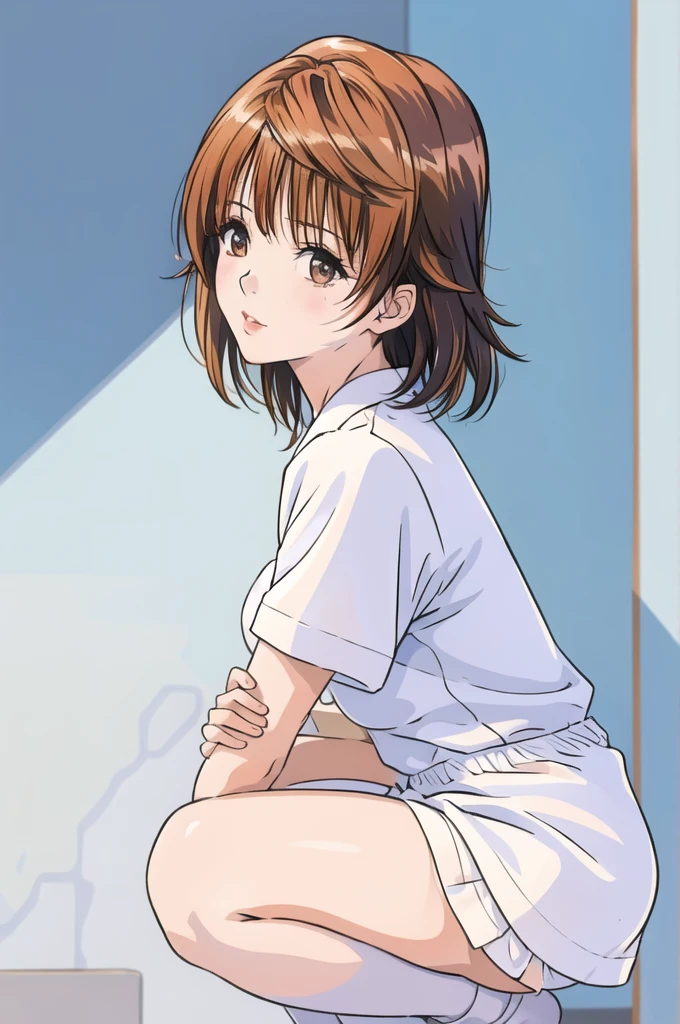 ((((masterpiece)))), ((((highly detailed)))),[[[realistic art]]], beautiful  girl, slender,small breasts, ((((bangs)))), ((1girl)),solo,((looking afar)), [expressionless], medium hair, short ponytail,(((nurse))),short sleeves, (((nurses cap))), white panties, ((white pantyhose)), (white Nurse Sandals), stethoscope, ((pigeon toed)),((squatting)), name tag, foot focus, from below, full body , hug clipboard, Medical cabinet, medical office,

,[(white background:1.5),::5]