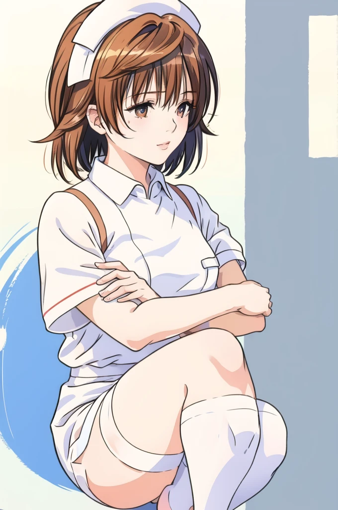 ((((masterpiece)))), ((((highly detailed)))),[[[realistic art]]], beautiful  girl, slender,small breasts, ((((bangs)))), ((1girl)),solo,((looking afar)), [expressionless], medium hair, short ponytail,(((nurse))),short sleeves, (((nurses cap))), white panties, ((white pantyhose)), (white Nurse Sandals), stethoscope, ((pigeon toed)),((squatting)), name tag, foot focus, from below, full body , hug clipboard, Medical cabinet, medical office,

,[(white background:1.5),::5]