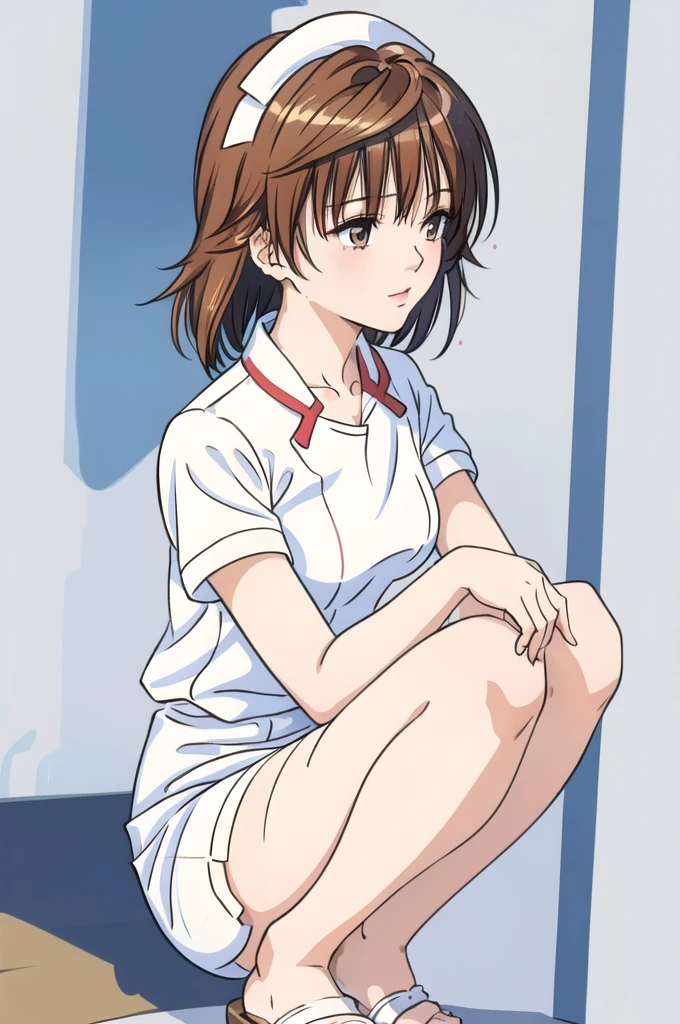 ((((masterpiece)))), ((((highly detailed)))),[[[realistic art]]], beautiful  girl, slender,small breasts, ((((bangs)))), ((1girl)),solo,((looking afar)), [expressionless], medium hair, short ponytail,(((nurse))),short sleeves, (((nurses cap))), white panties, ((white pantyhose)), (white Nurse Sandals), stethoscope, ((pigeon toed)),((squatting)), name tag, foot focus, from below, full body , hug clipboard, Medical cabinet, medical office,

,[(white background:1.5),::5]