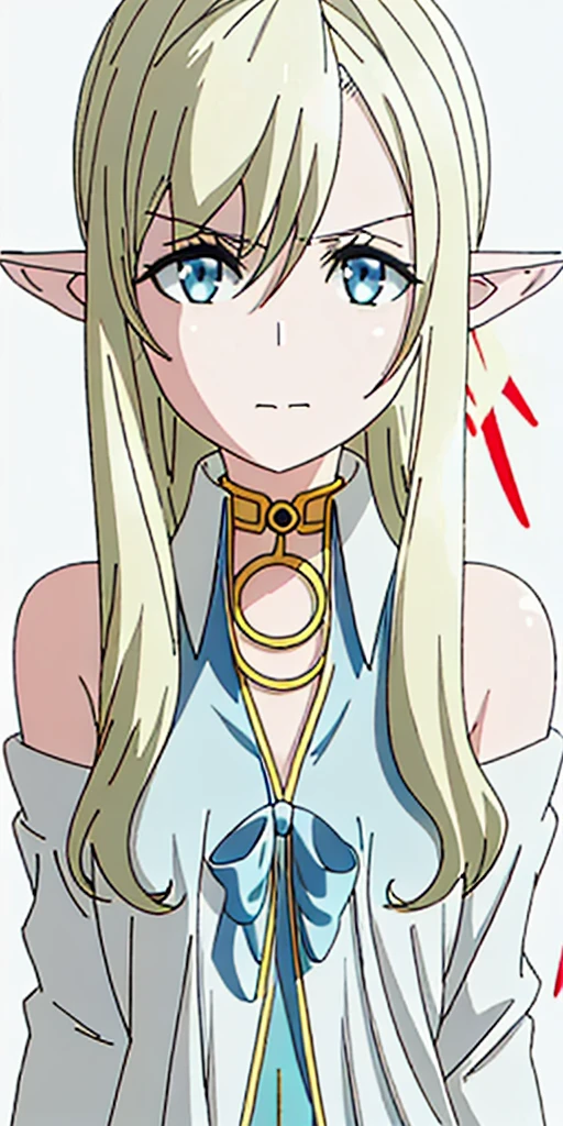 ((casual-style)), 1girl, solo, white hair, shirt, red ribbon, ribbon, looking at viewer, long hair, upper body, white eyes, white shirt, grey eyes, hair between eyes, neck ribbon, collared shirt, cardigan, closed mouth, expressionless, jacket, simple background, frills, bangs, white background, long sleeves