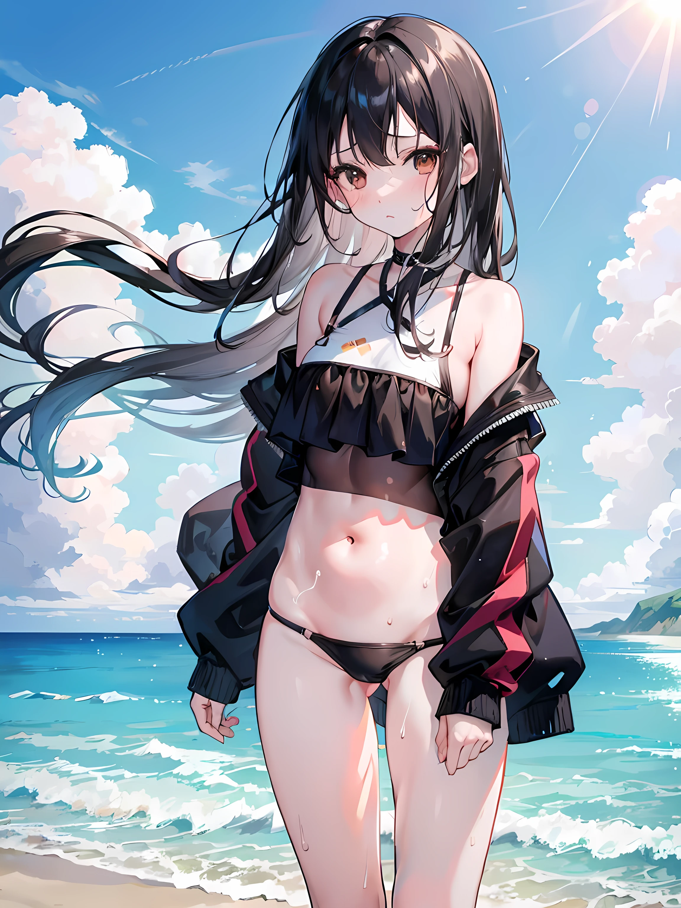 anime girl standing on the beach, ocean in the background, clear sky, beautiful sky, beautiful sunlight, wind, waves, (1girl), long black hair, brown eyes, small breasts, belly button, wearing a black swimsuit, sweating, expressive eyes, amazing scenery, masterpiece, high res, 8k