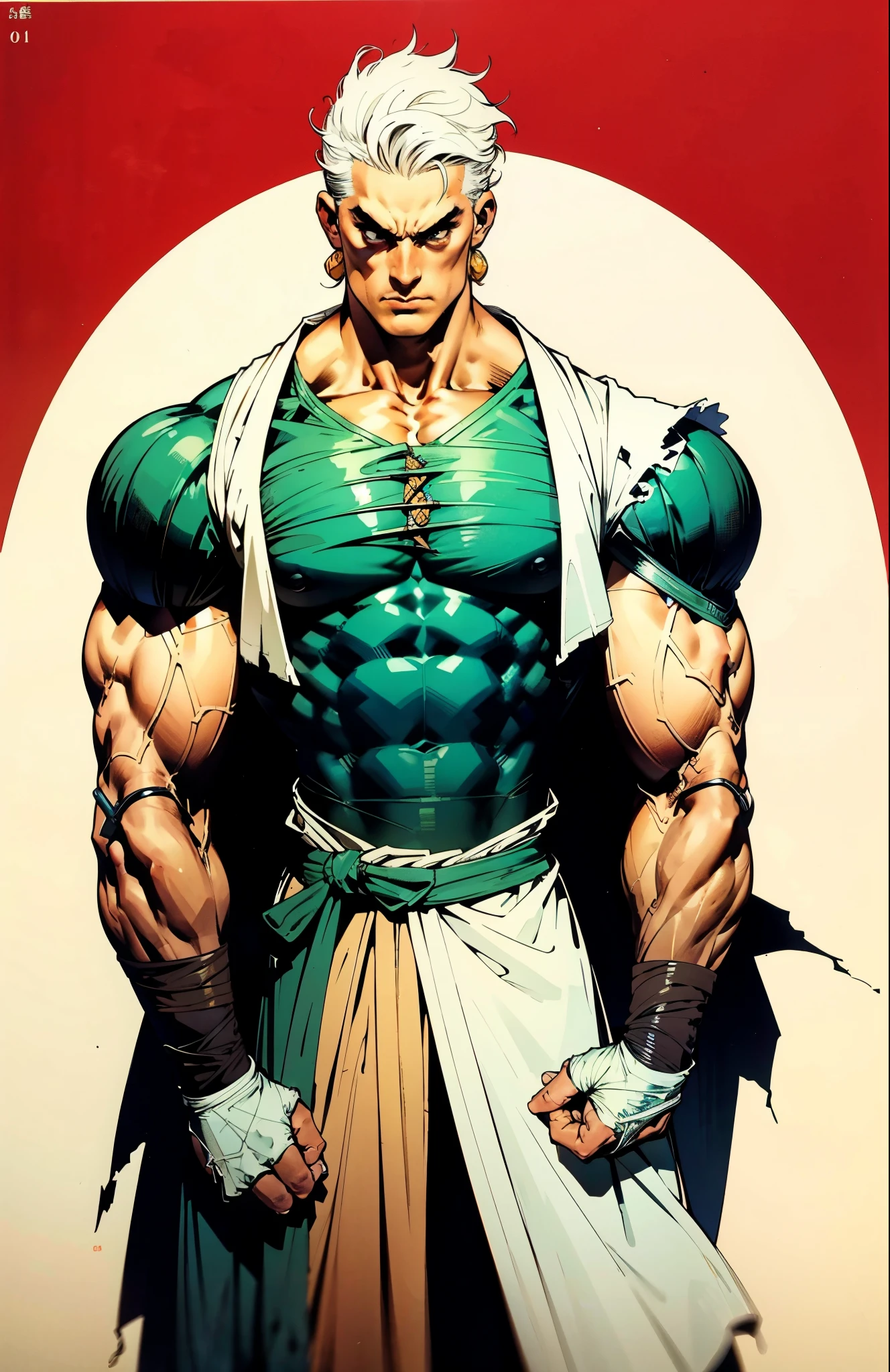 A man with a brown crew cut, upturned thick eyebrows, green eyes, a determined expression, long face, well-defined features, tall and muscular physique, a fantasy-style monk's robe, a torn collar revealing his sturdy chest muscles, bandages wrapped around his abdomen, kung fu pants, stands before a mystical mountain temple, this character embodies a finely crafted fantasy-style martial monk in anime style, exquisite and mature manga art style, high definition, best quality, highres, ultra-detailed, ultra-fine painting, extremely delicate, professional, perfect body proportions, golden ratio, anatomically correct, symmetrical face, extremely detailed eyes and face, high quality eyes, creativity, RAW photo, UHD, 32k, Natural light, cinematic lighting, masterpiece-anatomy-perfect, masterpiece:1.5