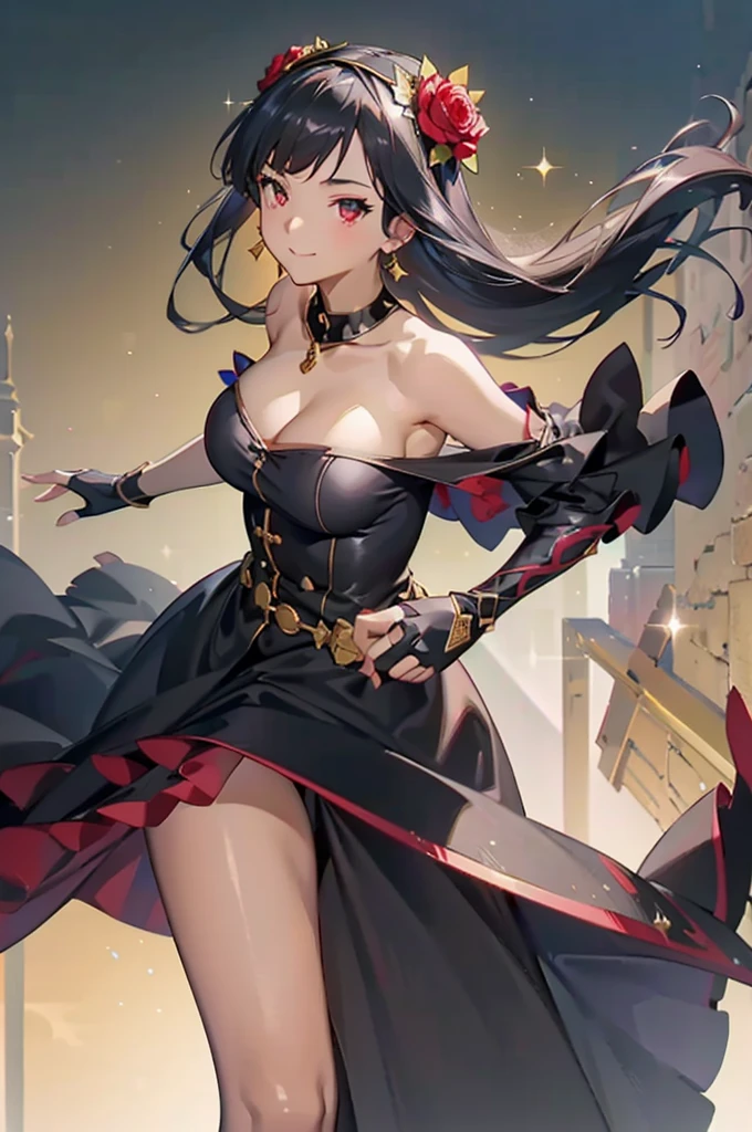 (dynamic angle:1.3, front view:1.1, breast focus:1.3, from below:1.2), (dynamic posing:1.5, sexy posing:1.2, leaning forward), (seductive smiling:1.3),(*K) HD, highest quality, Anime style beutiful woman, 1girl,fullbody, happy, (with sparkling eyes and a contagious smile:1.2), red face, closed mouth, beautiful detailed eyes, super detailed skin, backlighting, bare shoulders, black background, black dress, black gloves, black hair, breasts, dress, earrings, fingerless gloves, floating hair, floral print, flower, gloves, gold earrings, gold hairband, hair flower, hair ornament, hairband, holding, holding two-hands weapon, jewelry, large breasts, long hair, looking at viewer, off-shoulder dress, off shoulder,red eyes, short hair with long locks, sidelocks, solo, spikes, thighs, two-sided dress, two-sided fabric, weapon, fighting stance , face, close up, from above, highest quality, high resolution,Real World, Natural light,perfect Natural light,looking at viewer,