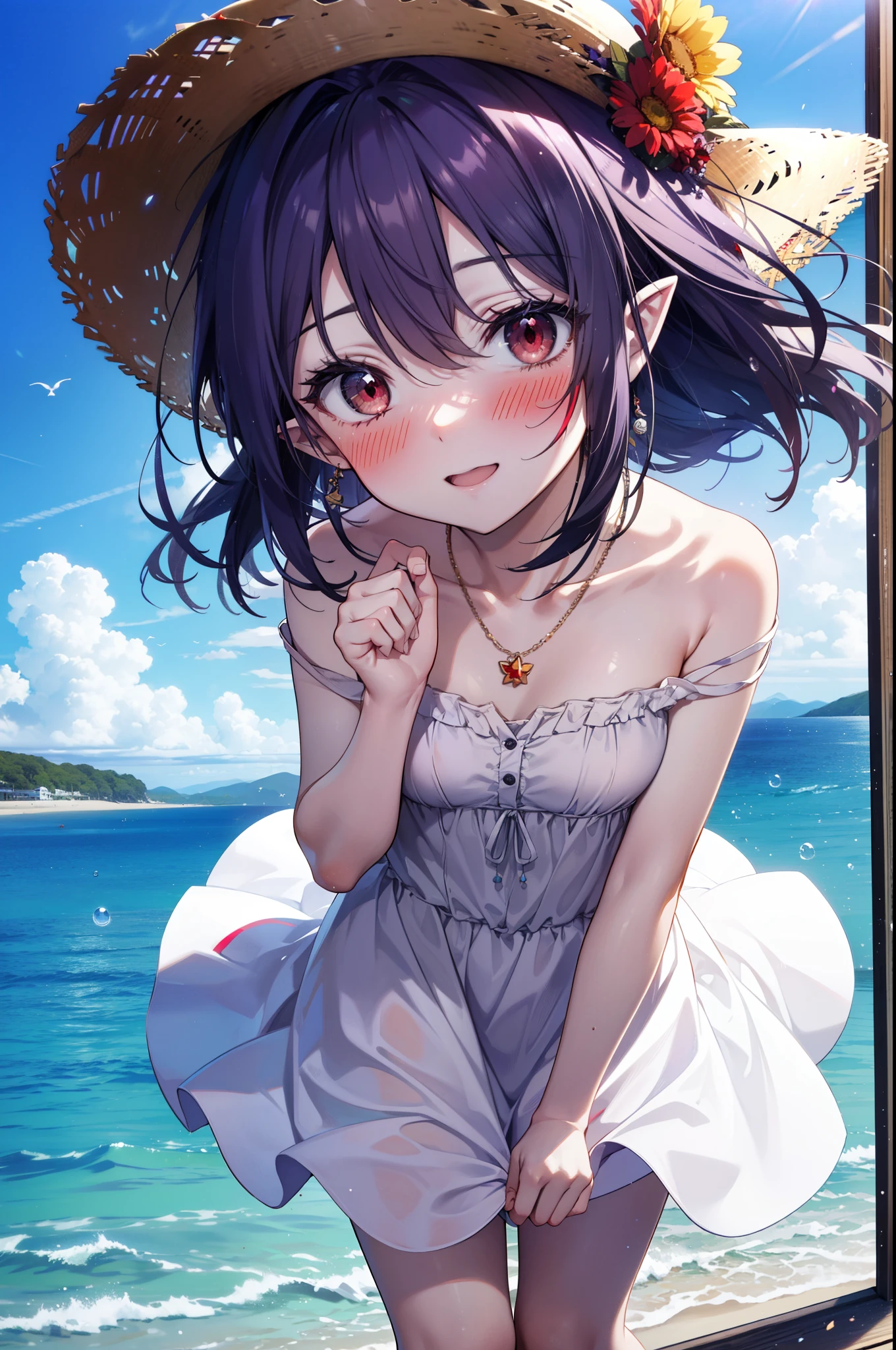 yuukikonno, Yuki Konno, hair band, Long Hair, Pointy Ears, Purple Hair, (Red eyes:1.5), (Small breasts:1.2), smile,blush,Please open your mouth wide,Straw hat,White long skirt integrated dress,Exposing shoulders,bare clavicle,Bare neck,Bare arms,Cute Sandals,Turn forward slightly,noon,sunny,Locket Necklace,whole bodyがイラストに入るように
break looking at viewer, whole body,
break outdoors, Building Street,Coastal Path,
break (masterpiece:1.2), highest quality, High resolution, unity 8k wallpaper, (shape:0.8), (Fine and beautiful eyes:1.6), Highly detailed face, Perfect lighting, Highly detailed CG, (Perfect hands, Perfect Anatomy),