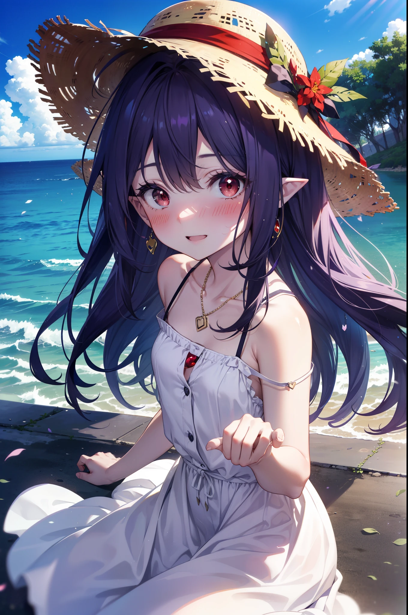 yuukikonno, Yuki Konno, hair band, Long Hair, Pointy Ears, Purple Hair, (Red eyes:1.5), (Small breasts:1.2), smile,blush,Please open your mouth wide,Straw hat,White long skirt integrated dress,Exposing shoulders,bare clavicle,Bare neck,Bare arms,Cute Sandals,Turn forward slightly,noon,sunny,Locket Necklace,whole bodyがイラストに入るように
break looking at viewer, whole body,
break outdoors, Building Street,Coastal Path,
break (masterpiece:1.2), highest quality, High resolution, unity 8k wallpaper, (shape:0.8), (Fine and beautiful eyes:1.6), Highly detailed face, Perfect lighting, Highly detailed CG, (Perfect hands, Perfect Anatomy),