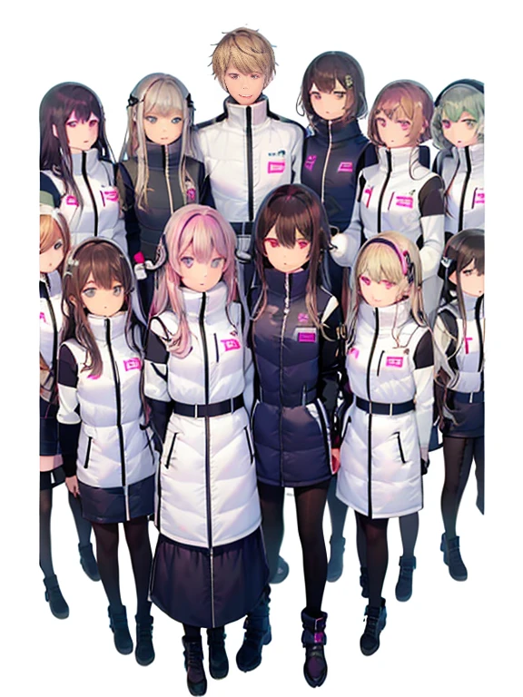 （Seven girls and one boy），（7 girls in a row）,（Brunette color hair, Black-eyed ，Blonde ，White haired red eyed ，Purple hair and heterochromatic pupils ，Pink Hair, Green Eyes, change）,(astrovest):3,headphones,Smart,futuristic space Classroom Background