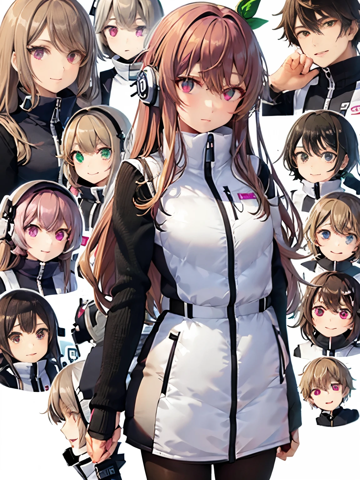 (Seven girls and one boy),(7 girls in a row),(Brunette color hair, Black-eyed ,Blonde ,White haired red eyed ,Purple hair and heterochromatic pupils ,Pink Hair, Green Eyes, change),(astrovest):3,headphones,Smart,futuristic space Classroom Background
