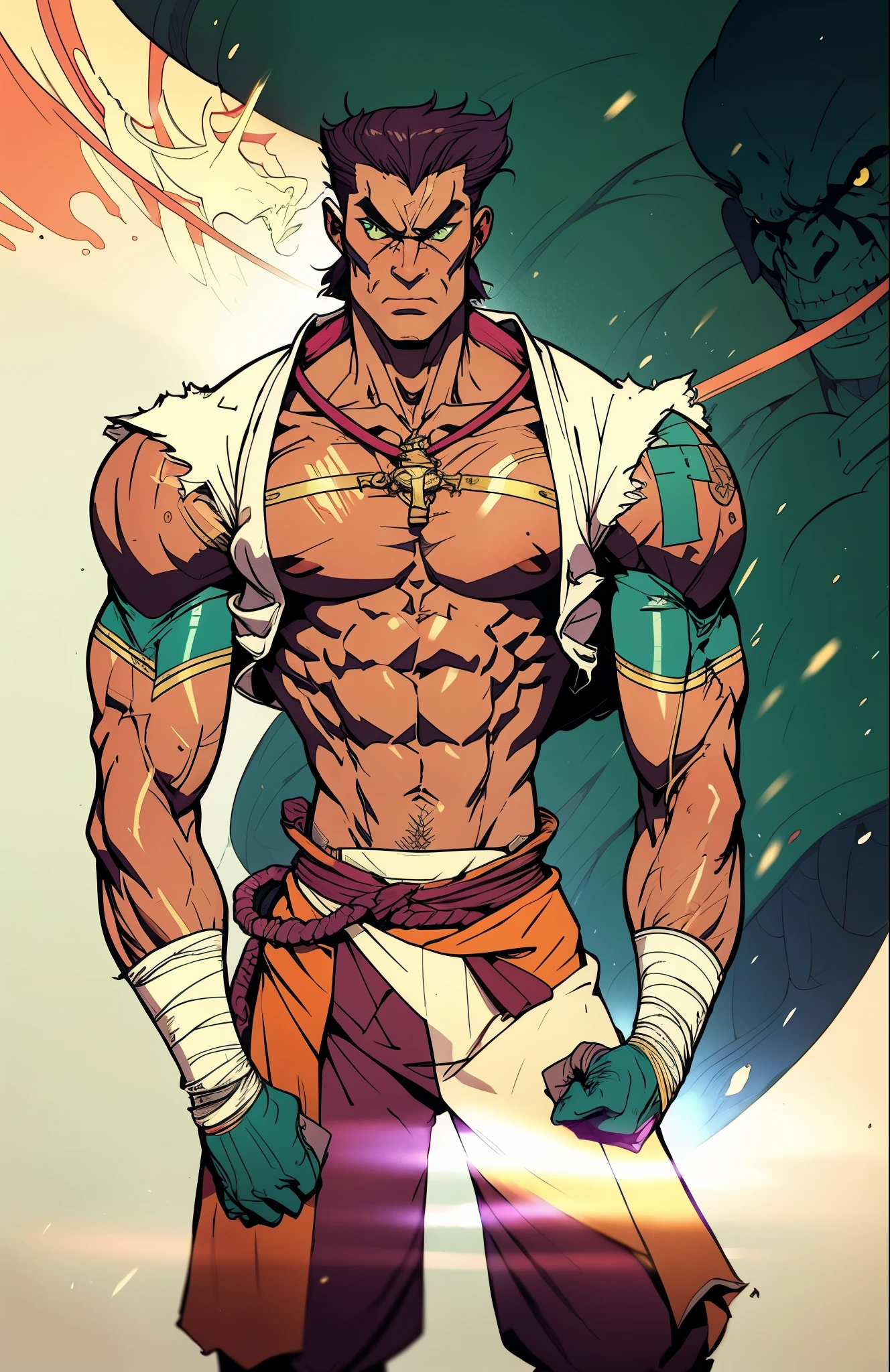 A man with a brown crew cut, upturned thick eyebrows, green eyes, a determined expression, long face, well-defined features, tall and muscular physique, a fantasy-style monk's robe, a torn collar revealing his sturdy chest muscles, bandages wrapped around his abdomen, kung fu pants, stands before a mystical mountain temple, this character embodies a finely crafted fantasy-style martial monk in anime style, exquisite and mature manga art style, high definition, best quality, highres, ultra-detailed, ultra-fine painting, extremely delicate, professional, perfect body proportions, golden ratio, anatomically correct, symmetrical face, extremely detailed eyes and face, high quality eyes, creativity, RAW photo, UHD, 32k, Natural light, cinematic lighting, masterpiece-anatomy-perfect, masterpiece:1.5