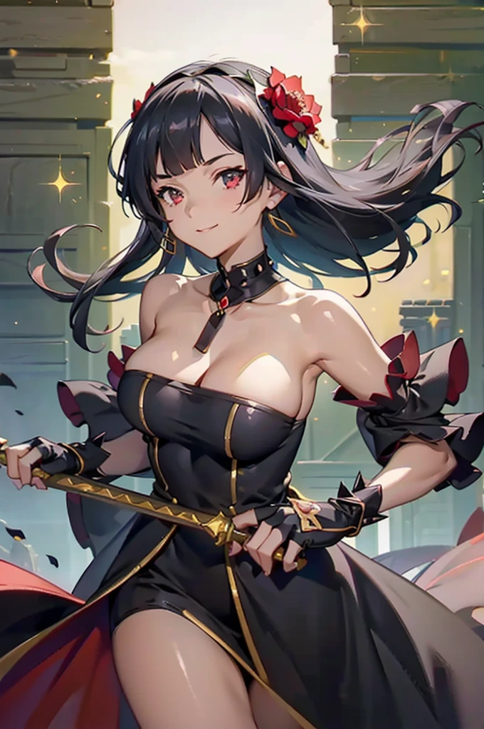 (dynamic angle:1.3, front view:1.1, breast focus:1.3, from below:1.2), (dynamic posing:1.5, sexy posing:1.2, leaning forward), (seductive smiling:1.3),(*K) HD, highest quality, Anime style beutiful woman, 1girl,fullbody, happy, (with sparkling eyes and a contagious smile:1.2), red face, closed mouth, beautiful detailed eyes, super detailed skin, backlighting, bare shoulders, black background, black dress, black gloves, black hair, breasts, dress, earrings, fingerless gloves, floating hair, floral print, flower, gloves, gold earrings, gold hairband, hair flower, hair ornament, hairband, holding, holding two-hands weapon, jewelry, large breasts, long hair, looking at viewer, off-shoulder dress, off shoulder,red eyes, short hair with long locks, sidelocks, solo, spikes, thighs, two-sided dress, two-sided fabric, weapon, fighting stance , face, close up, from above, highest quality, high resolution,Real World, Natural light,perfect Natural light,looking at viewer, 