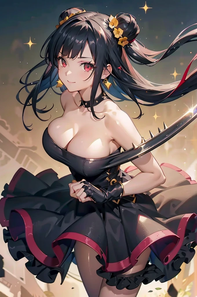 (dynamic angle:1.3, front view:1.1, breast focus:1.3, from below:1.2), (dynamic posing:1.5, sexy posing:1.2, leaning forward), (seductive smiling:1.3),(*K) HD, highest quality, Anime style beutiful woman, 1girl,fullbody, happy, (with sparkling eyes and a contagious smile:1.2), red face, closed mouth, beautiful detailed eyes, super detailed skin, backlighting, bare shoulders, black background, black dress, black gloves, black hair, breasts, dress, earrings, fingerless gloves, floating hair, floral print, flower, gloves, gold earrings, gold hairband, hair flower, hair ornament, hairband, holding, holding two-hands weapon, jewelry, large breasts, long hair, looking at viewer, off-shoulder dress, off shoulder,red eyes, short hair with long locks, sidelocks, solo, spikes, thighs, two-sided dress, two-sided fabric, weapon, fighting stance , face, close up, from above, highest quality, high resolution,Real World, Natural light,perfect Natural light,looking at viewer,