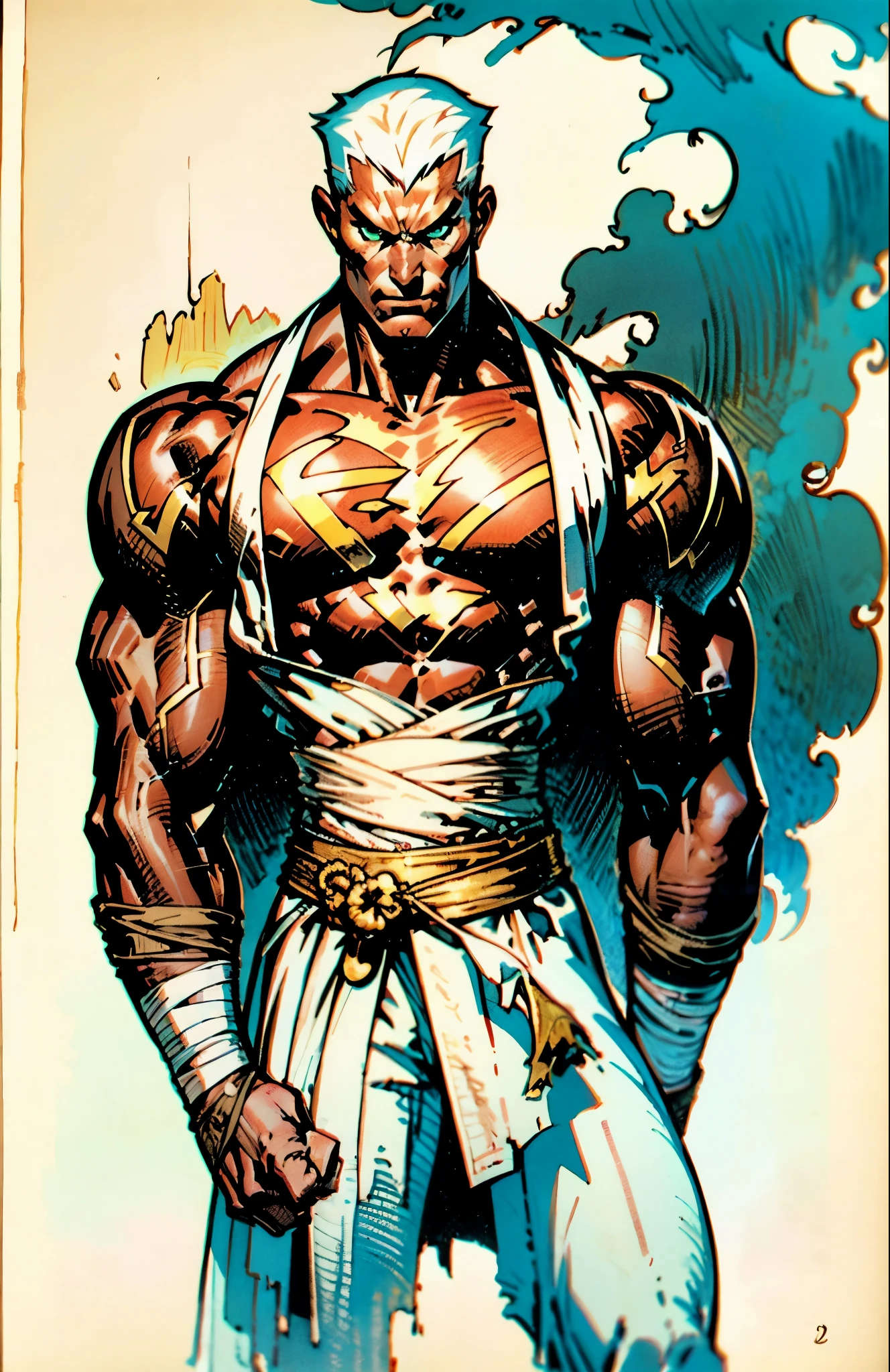 A man with a brown crew cut, upturned thick eyebrows, green eyes, a determined expression, long face, well-defined features, tall and muscular physique, a fantasy-style monk's robe, a torn collar revealing his sturdy chest muscles, bandages wrapped around his abdomen, kung fu pants, stands before a mystical mountain temple, this character embodies a finely crafted fantasy-style martial monk in anime style, exquisite and mature manga art style, high definition, best quality, highres, ultra-detailed, ultra-fine painting, extremely delicate, professional, perfect body proportions, golden ratio, anatomically correct, symmetrical face, extremely detailed eyes and face, high quality eyes, creativity, RAW photo, UHD, 32k, Natural light, cinematic lighting, masterpiece-anatomy-perfect, masterpiece:1.5