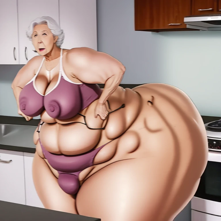 Enormous booty granny wearing bikini in kitchen showing off booty for viewer   ,full body , very large bosum ,very large cheeks,very large thighs, very wide hips,largest haunches ever