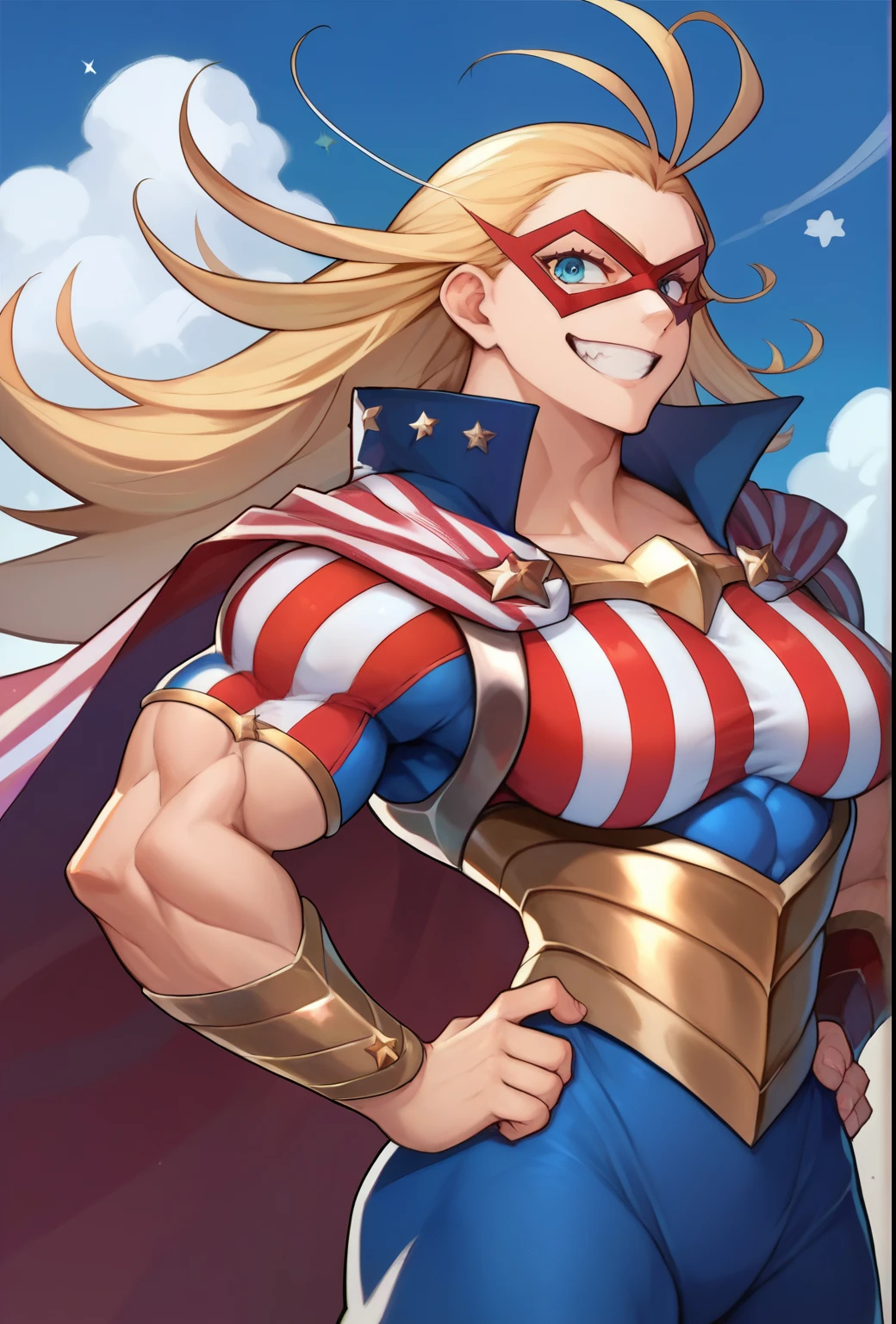 score_9, score_8_superior, score_7_superior, sauce_anime, alone, One girl, Stars and Stripes, Grin, View your viewers, Hands on hips, Muscular, Antenna Hair, Domino Mask, American Flag Print, striped bodysuit, Red Cape, blue sky 