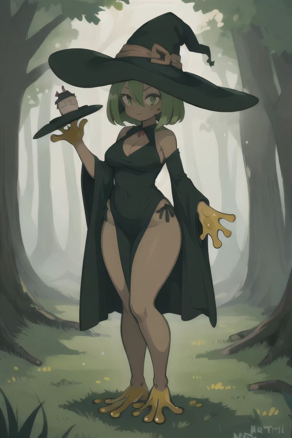 1girl, frog girl, witch hat, full body, outdoors, adult, mature looking, wide hips, dark green dress, light tan