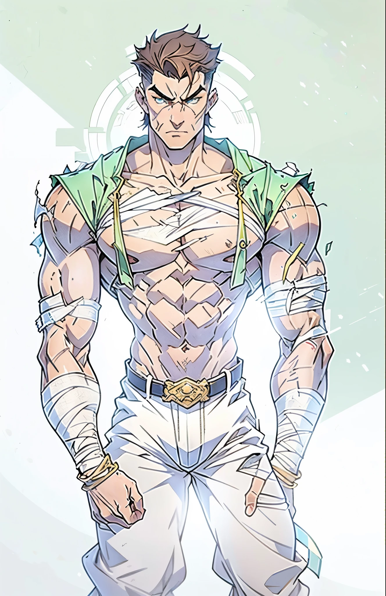 A man with a brown crew cut, upturned thick eyebrows, green eyes, a determined expression, long face, well-defined features, tall and muscular physique, a fantasy-style monk's robe, a torn collar revealing his sturdy chest muscles, bandages wrapped around his abdomen, kung fu pants, stands before a mystical mountain temple, this character embodies a finely crafted fantasy-style martial monk in anime style, exquisite and mature manga art style, high definition, best quality, highres, ultra-detailed, ultra-fine painting, extremely delicate, professional, perfect body proportions, golden ratio, anatomically correct, symmetrical face, extremely detailed eyes and face, high quality eyes, creativity, RAW photo, UHD, 32k, Natural light, cinematic lighting, masterpiece-anatomy-perfect, masterpiece:1.5