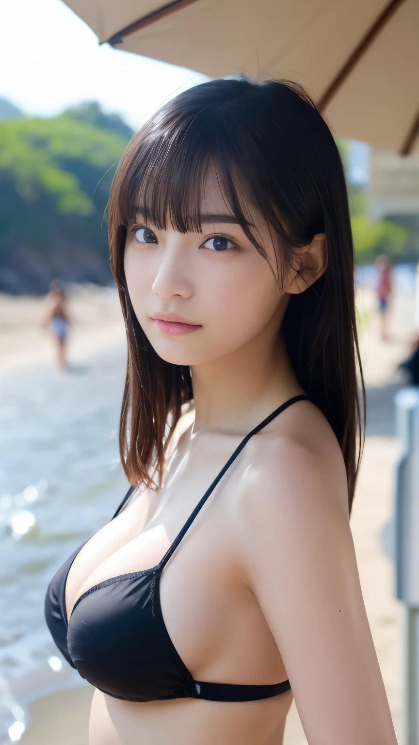1girl, depth of field, first-person view, f/1.8, 135mm, Nikon, UHD, retina, masterpiece, ccurate, anatomically correct, textured skin, super detail, high details, high quality, best quality, highres, 1080P, HD, 4K, 8k, big breasts, upper body, , bikini,Bust Size 90cm,beach,Despairing