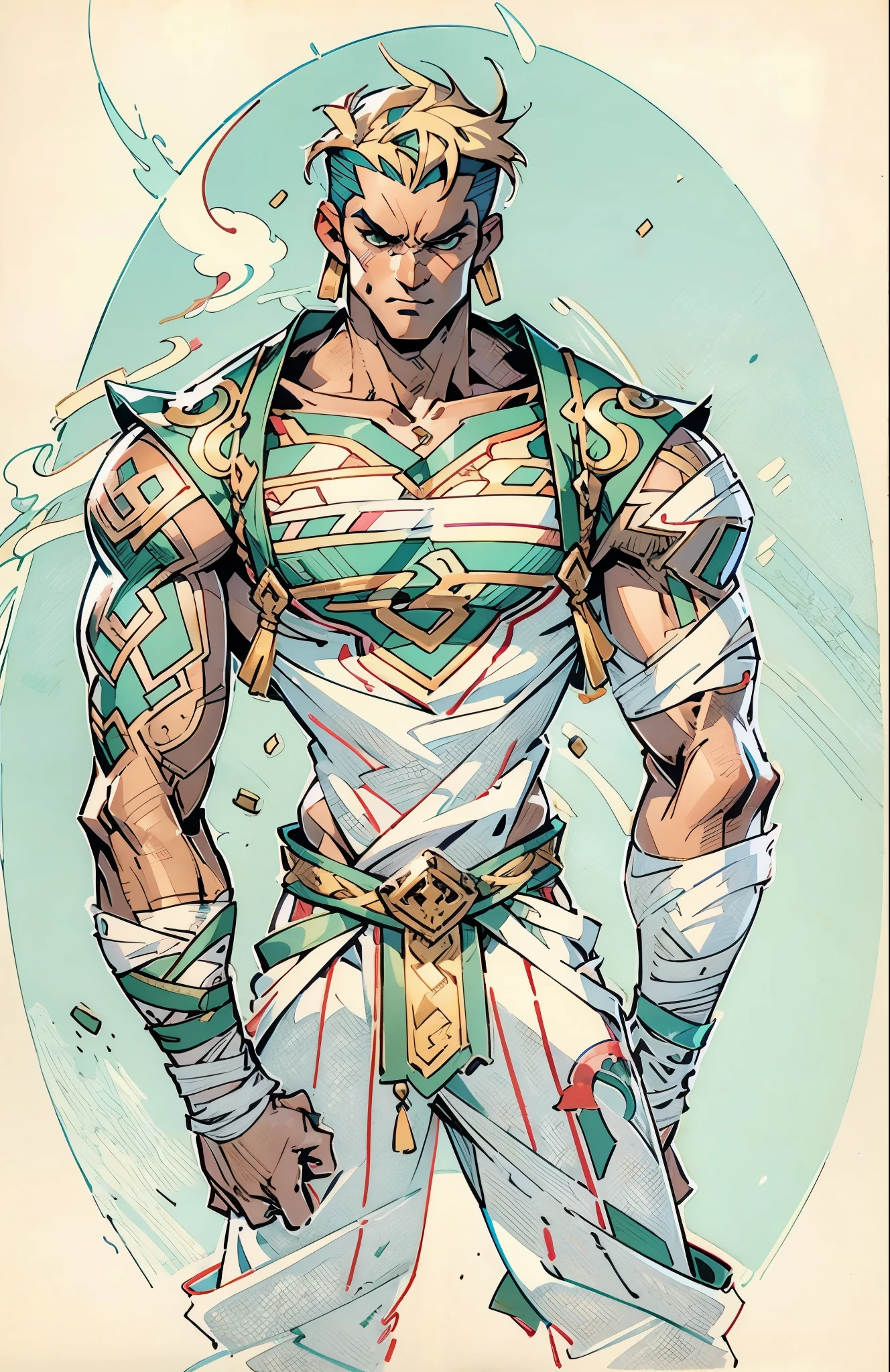 A man with a brown crew cut, upturned thick eyebrows, green eyes, a determined expression, long face, well-defined features, tall and muscular physique, a fantasy-style monk's robe, a torn collar revealing his sturdy chest muscles, bandages wrapped around his abdomen, kung fu pants, stands before a mystical mountain temple, this character embodies a finely crafted fantasy-style martial monk in anime style, exquisite and mature manga art style, high definition, best quality, highres, ultra-detailed, ultra-fine painting, extremely delicate, professional, perfect body proportions, golden ratio, anatomically correct, symmetrical face, extremely detailed eyes and face, high quality eyes, creativity, RAW photo, UHD, 32k, Natural light, cinematic lighting, masterpiece-anatomy-perfect, masterpiece:1.5