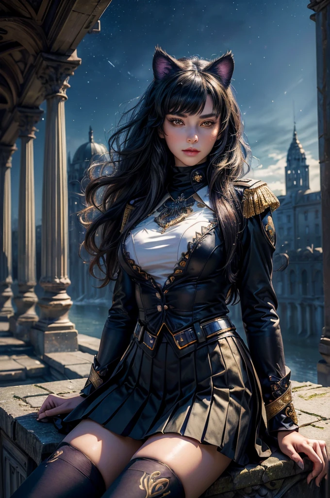 (masterpiece,stunning girlfriend, (standing:1.1), dynamic pose, heart shaped face, elegant face, beautiful face, highly detailed face, highly detailed skin, skin pores, subsurface scattering, realistic pupils, looking at viewer, full lips, detailed background, depth of field, atmospheric perspective, volumetric lighting, sharp focus, absurdres, realistic proportions, good anatomy, (realistic, hyperrealistic:1.4), 16k hdr, (masterpiece, best quality),  intricate details, 1girl,   blake_belladonna, gmuniform, pleated skirt, blue thighhighs,  black and gold uniform,  sitting outside, night, stars, moonlight, gothic temple, pillars, ruins, river, crowd, ((crowd in military uniforms))