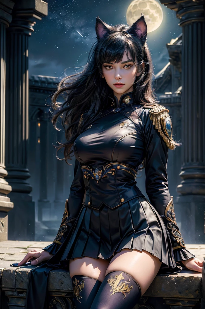 (masterpiece,stunning girlfriend, (standing:1.1), dynamic pose, heart shaped face, elegant face, beautiful face, highly detailed face, highly detailed skin, skin pores, subsurface scattering, realistic pupils, looking at viewer, full lips, detailed background, depth of field, atmospheric perspective, volumetric lighting, sharp focus, absurdres, realistic proportions, good anatomy, (realistic, hyperrealistic:1.4), 16k hdr, (masterpiece, best quality), intricate details, 1girl, blake_belladonna, gmuniform, pleated skirt, blue thighhighs, black and gold uniform, sitting outside, night, stars, moonlight, gothic temple, pillars, ruins, river, crowd, ((crowd in military uniforms))