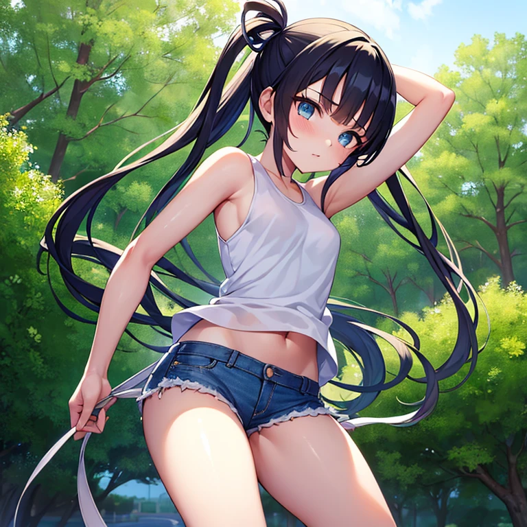 1girl in,A cute dark-skinned girl turns her dress upside down and smiles,Cute as an angel,ssmile,nice flowing black hair,Accurately drawn face,A slender,tre anatomically correct,perfectly proportions,Precise fingers,Active Poses and Angles,White ONE PIECE DRESS,Striped cotton panties are clearly visible..,Fun atmosphere,on the lawn of the mansion'Garden of,masterpiece,hiquality,