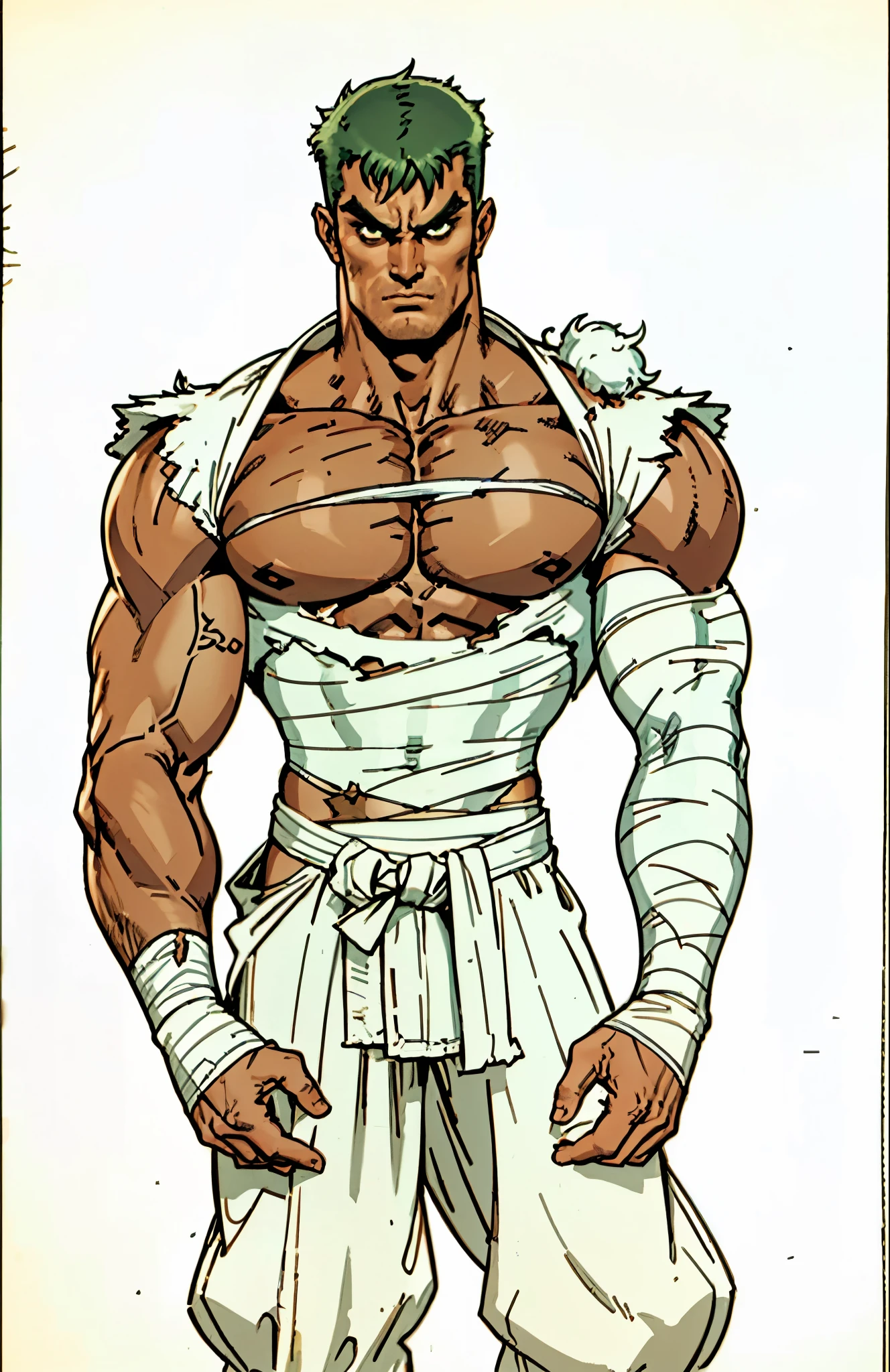 A man with a brown crew cut, upturned thick eyebrows, green eyes, a determined expression, long face, well-defined features, tall and muscular physique, a fantasy-style monk's robe, a torn collar revealing his sturdy chest muscles, bandages wrapped around his abdomen, kung fu pants, stands before a mystical mountain temple, this character embodies a finely crafted fantasy-style martial monk in anime style, exquisite and mature manga art style, high definition, best quality, highres, ultra-detailed, ultra-fine painting, extremely delicate, professional, perfect body proportions, golden ratio, anatomically correct, symmetrical face, extremely detailed eyes and face, high quality eyes, creativity, RAW photo, UHD, 32k, Natural light, cinematic lighting, masterpiece-anatomy-perfect, masterpiece:1.5