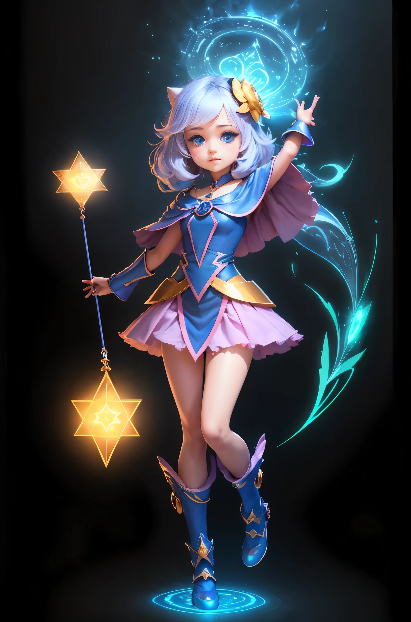 The full body 3d artwork of super hermoso girl, 1 chica, ojos bonitos azules, Ojos grandes , cabello rubio y largo. hermoso, feliz, C4D, burbujas de corazon,fondo de magia, Chibi, fluorescent translucent, cuerpo brillante,kawaii, doll, posar, hoja de referencia, pixar,detalles complejos, 3d representation, renderizador OC, foll body hoja de referencia, regatear, detalles altos, 8k, studio lighting,, , , Chibi, SD character:1.1