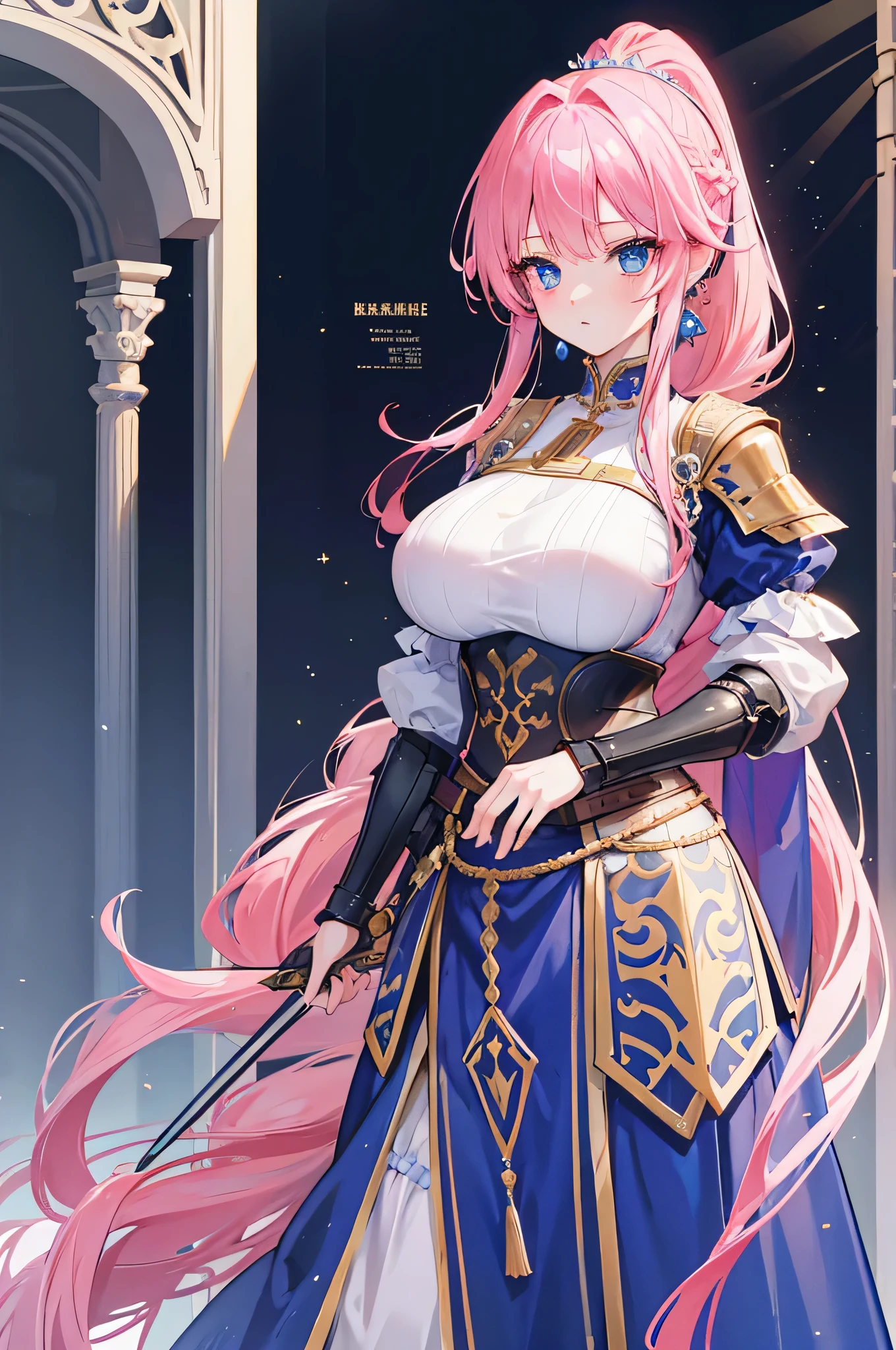 4k,High resolution,One Woman,Pink Hair,Long Ponytail,Braid,Blue Eyes,Big Breasts,princess,princess knight,knight armor,Full Armor,Princess&#39;s Tiara,Jewelry decoration,Long sword,Medieval town