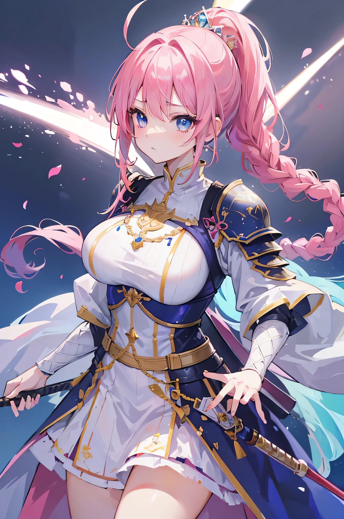 4k,High resolution,One Woman,Pink Hair,Long Ponytail,Braid,Blue Eyes,Big Breasts,princess,princess knight,knight armor,Full Armor,Princess&#39;s Tiara,Jewelry decoration,Long sword,Medieval town