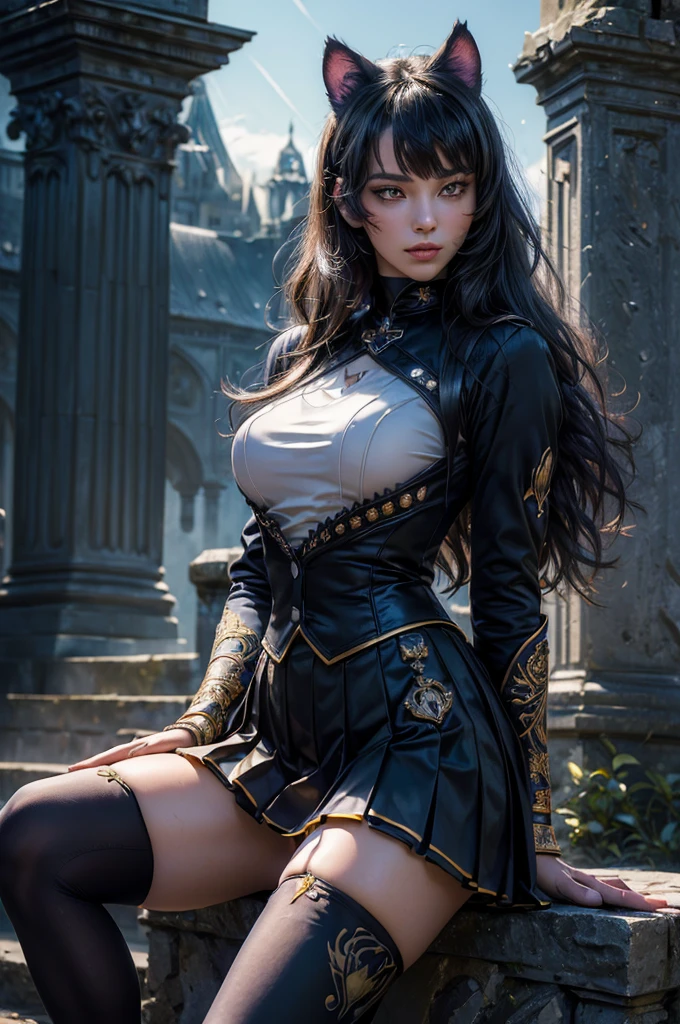 (masterpiece,stunning girlfriend, (standing:1.1), dynamic pose, heart shaped face, elegant face, beautiful face, highly detailed face, highly detailed skin, skin pores, subsurface scattering, realistic pupils, looking at viewer, full lips, detailed background, depth of field, atmospheric perspective, volumetric lighting, sharp focus, absurdres, realistic proportions, good anatomy, (realistic, hyperrealistic:1.4), 16k hdr, (masterpiece, best quality), intricate details, 1girl, blake_belladonna, gmuniform, pleated skirt, blue thighhighs, black and gold uniform, sitting outside, night, stars, moonlight, gothic temple, pillars, ruins, river, crowd, ((crowd in military uniforms))