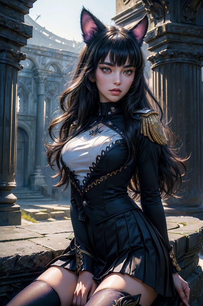 (masterpiece,stunning girlfriend, (standing:1.1), dynamic pose, heart shaped face, elegant face, beautiful face, highly detailed face, highly detailed skin, skin pores, subsurface scattering, realistic pupils, looking at viewer, full lips, detailed background, depth of field, atmospheric perspective, volumetric lighting, sharp focus, absurdres, realistic proportions, good anatomy, (realistic, hyperrealistic:1.4), 16k hdr, (masterpiece, best quality), intricate details, 1girl, blake_belladonna, gmuniform, pleated skirt, blue thighhighs, black and gold uniform, sitting outside, night, stars, moonlight, gothic temple, pillars, ruins, river, crowd, ((crowd in military uniforms))