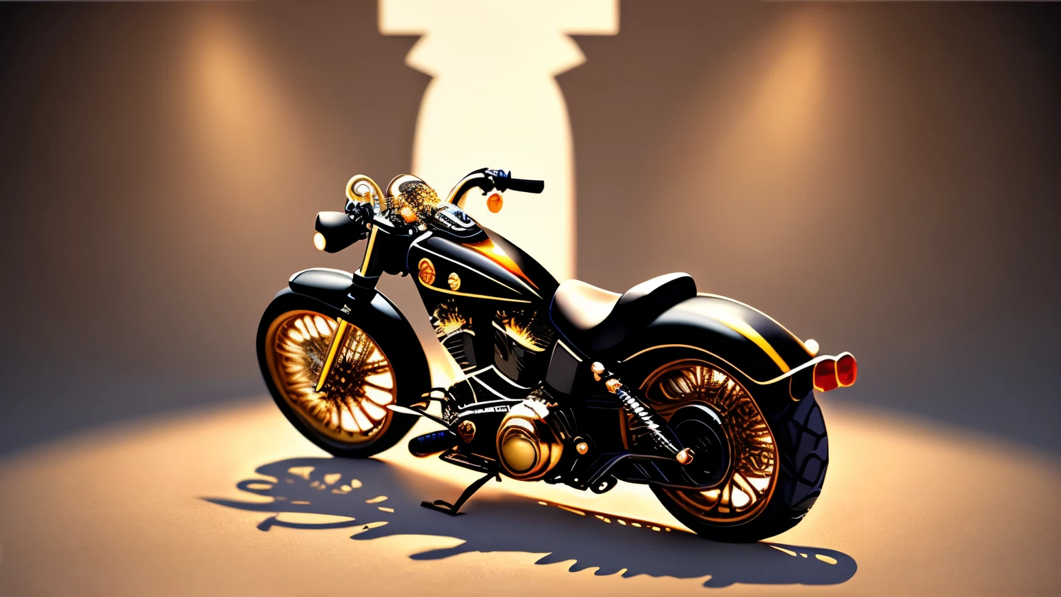 best quality, super fine, 16k, incredibly absurdres, extremely detailed, delicate and dynamic, Harley Davidson with gold-plated metal parts and matte black body, background old west frontier