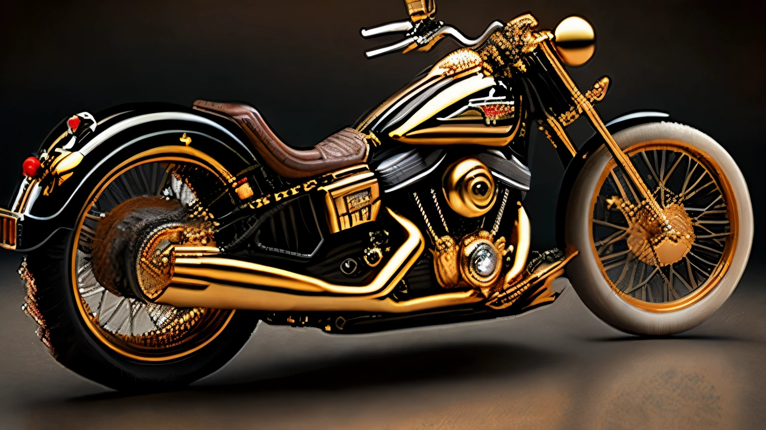 best quality, super fine, 16k, incredibly absurdres, extremely detailed, delicate and dynamic, Harley Davidson with gold-plated metal parts and matte black body, background old west frontier