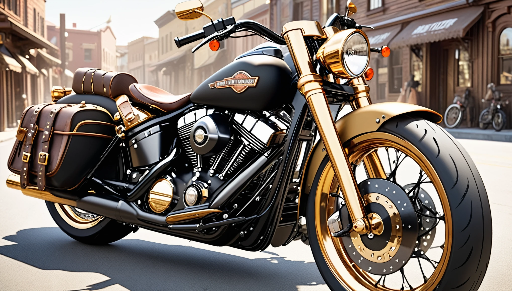 best quality, super fine, 16k, incredibly absurdres, extremely detailed, delicate and dynamic, Harley Davidson with gold-plated metal parts and matte black body, background old west frontier